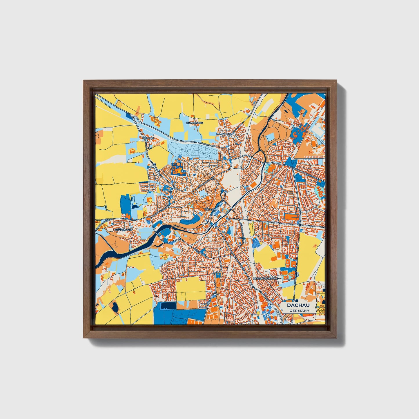 Dachau Germany Colorful City Map Canvas Print • Dark Wooden Framed