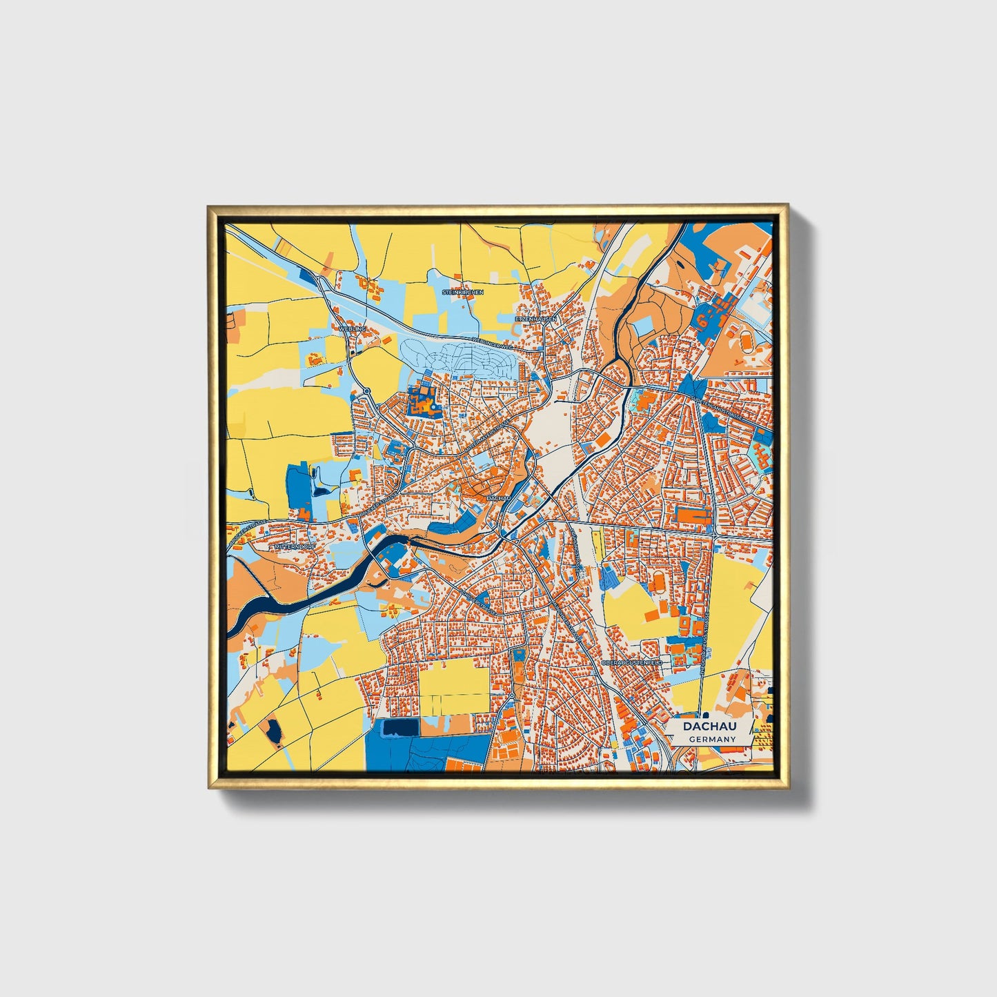 Dachau Germany Colorful City Map Canvas Print • Gold Framed