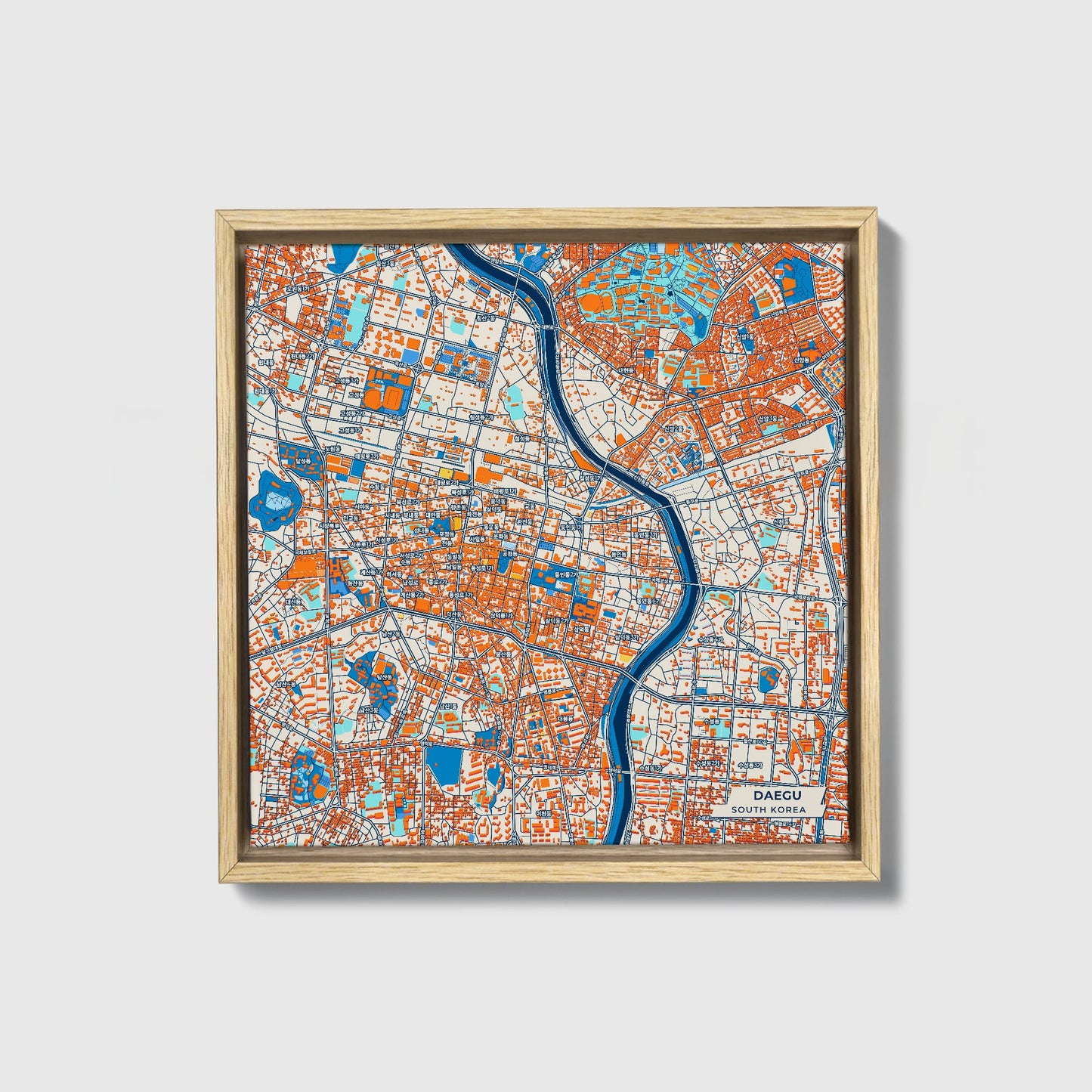 Daegu South Korea Colorful City Map Canvas Print • Natural Wooden Framed