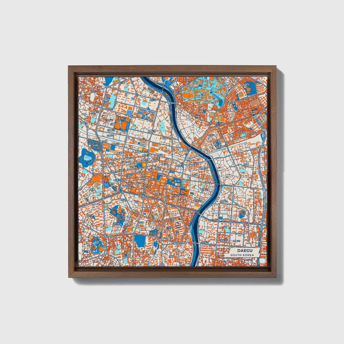 Daegu South Korea Colorful City Map Canvas Print • Dark Wooden Framed