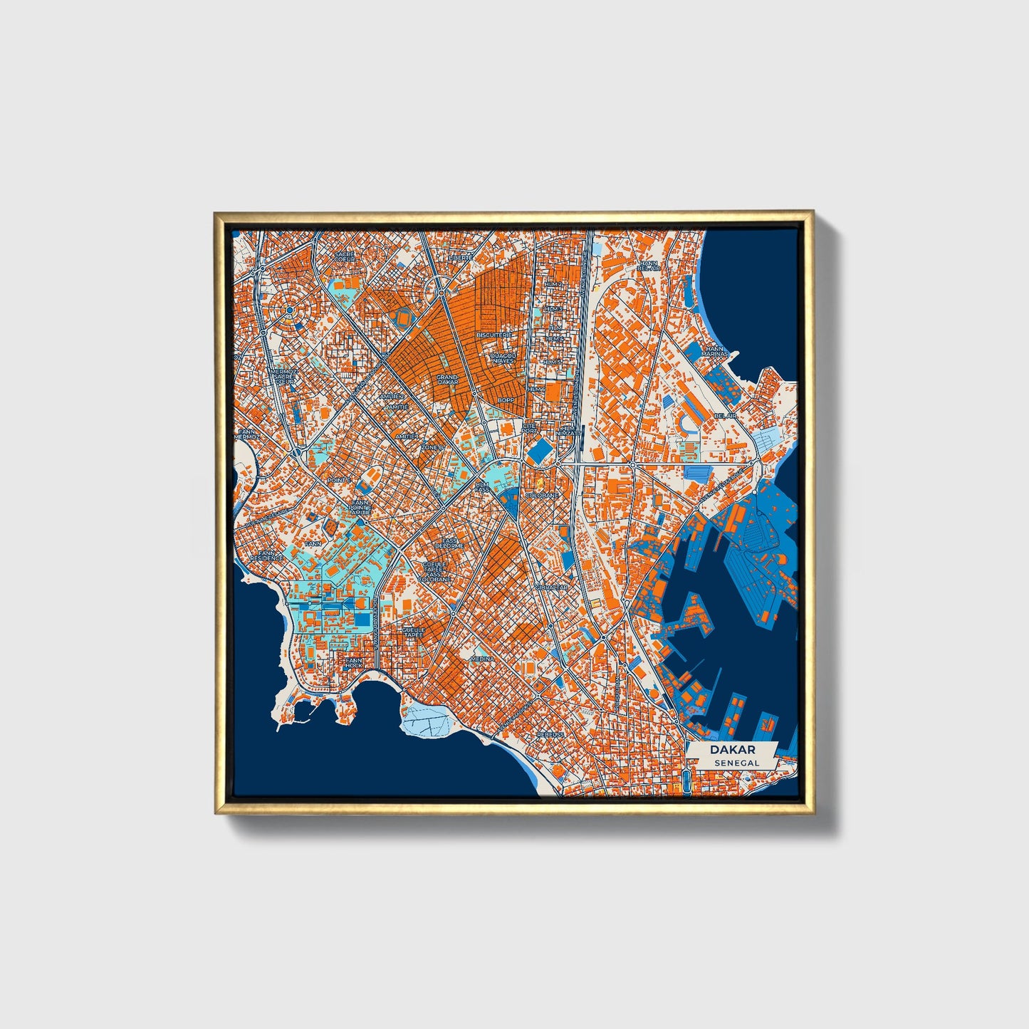 Dakar Senegal Colorful City Map Canvas Print • Gold Framed