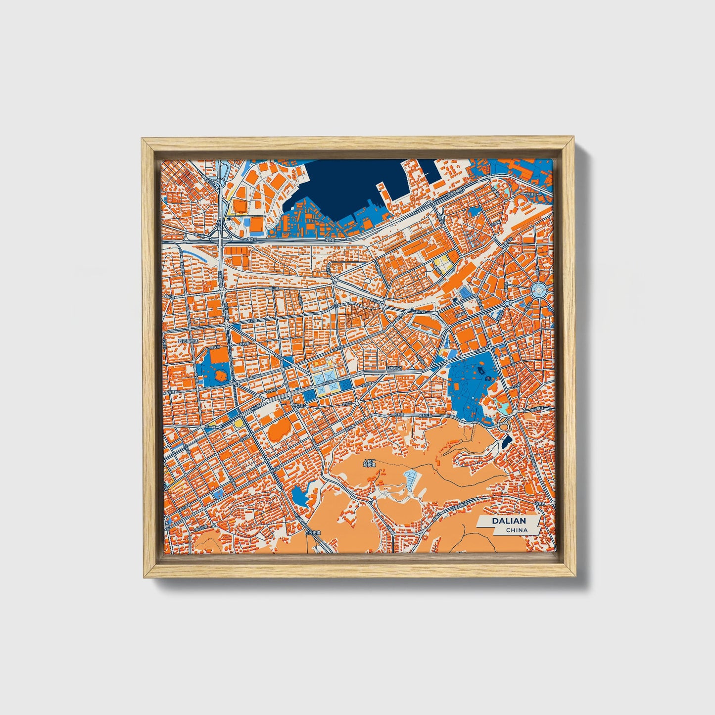 Dalian China Colorful City Map Canvas Print • Natural Wooden Framed