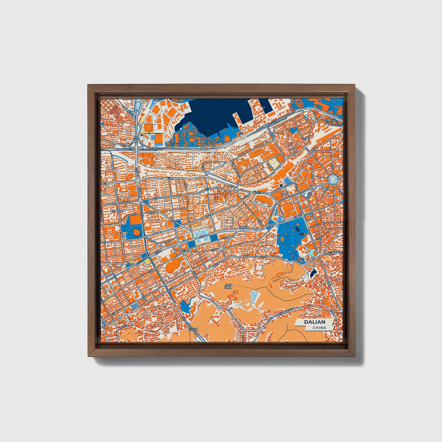 Dalian China Colorful City Map Canvas Print • Dark Wooden Framed