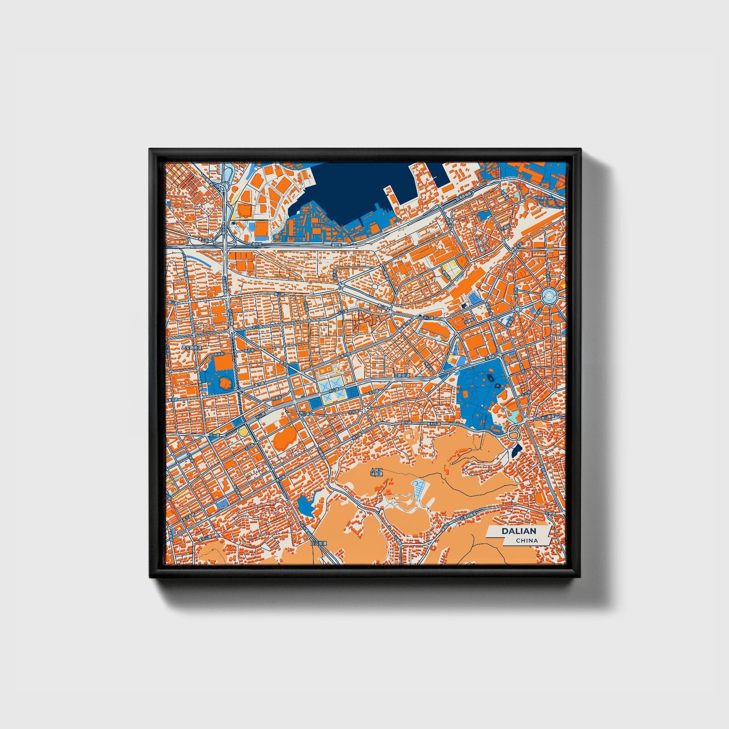 Dalian China Colorful City Map Canvas Print • Black Framed