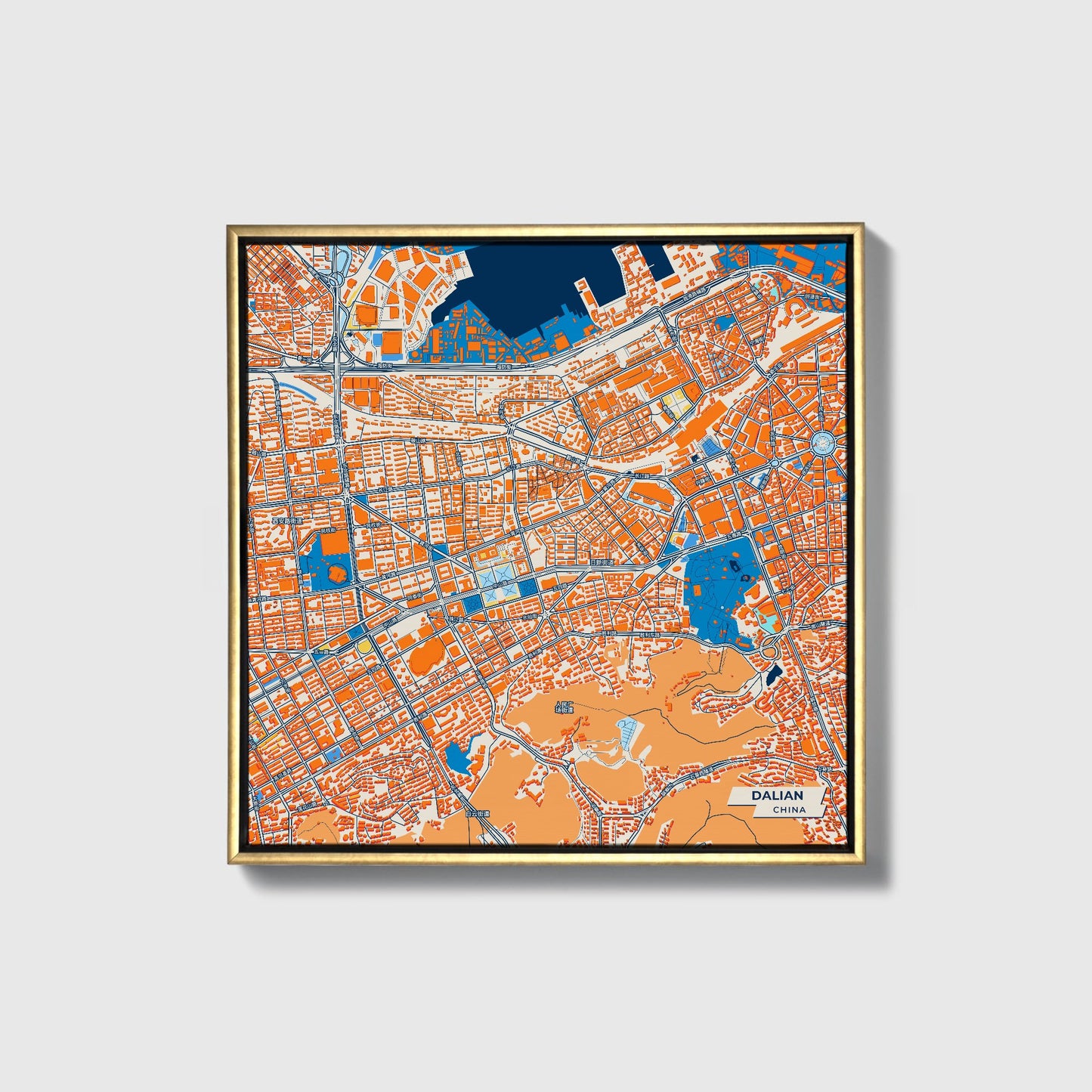 Dalian China Colorful City Map Canvas Print • Gold Framed