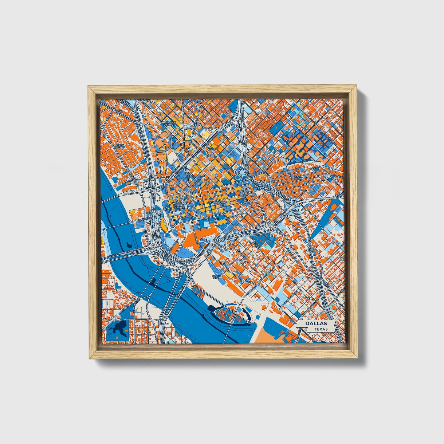 Dallas Texas Colorful City Map Canvas Print • Natural Wooden Framed