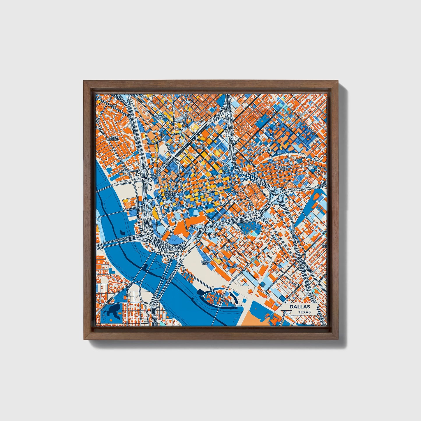 Dallas Texas Colorful City Map Canvas Print • Dark Wooden Framed