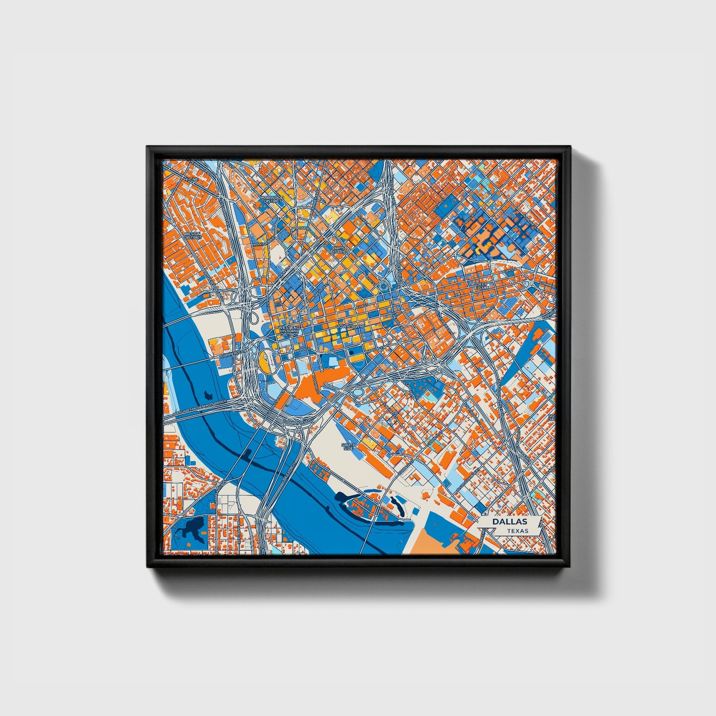 Dallas Texas Colorful City Map Canvas Print • Black Framed
