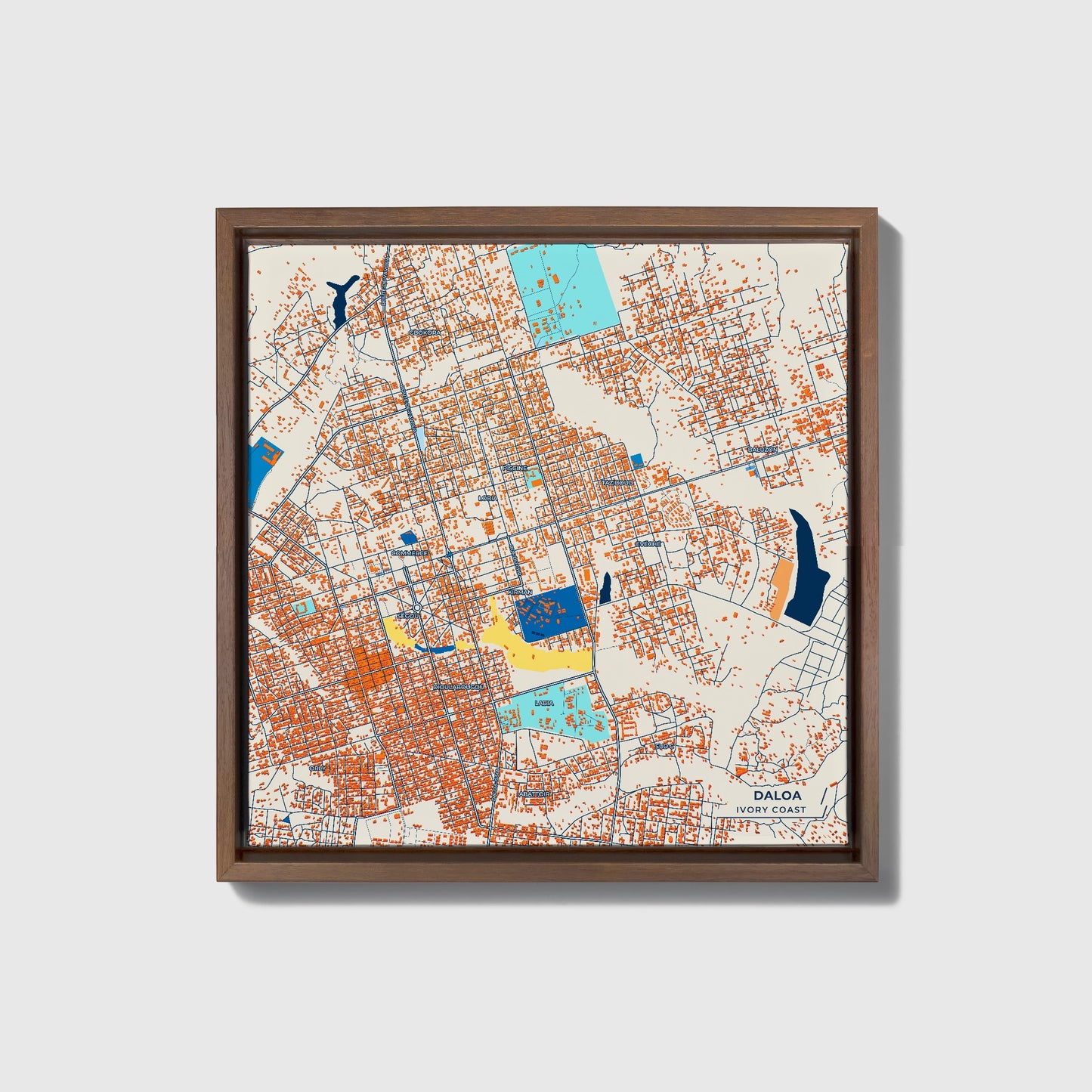 Daloa Ivory Coast Colorful City Map Canvas Print • Dark Wooden Framed