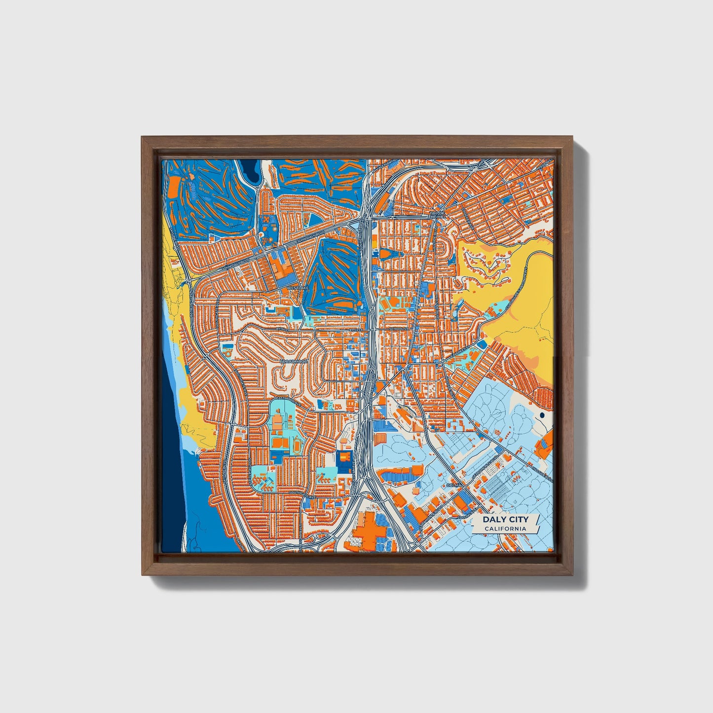 Daly City California Colorful City Map Canvas Print • Dark Wooden Framed
