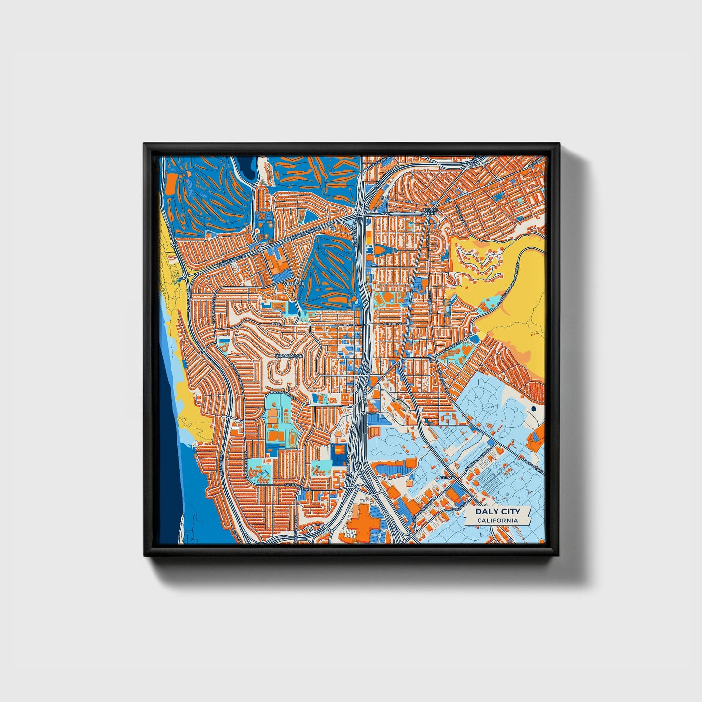 Daly City California Colorful City Map Canvas Print • Black Framed