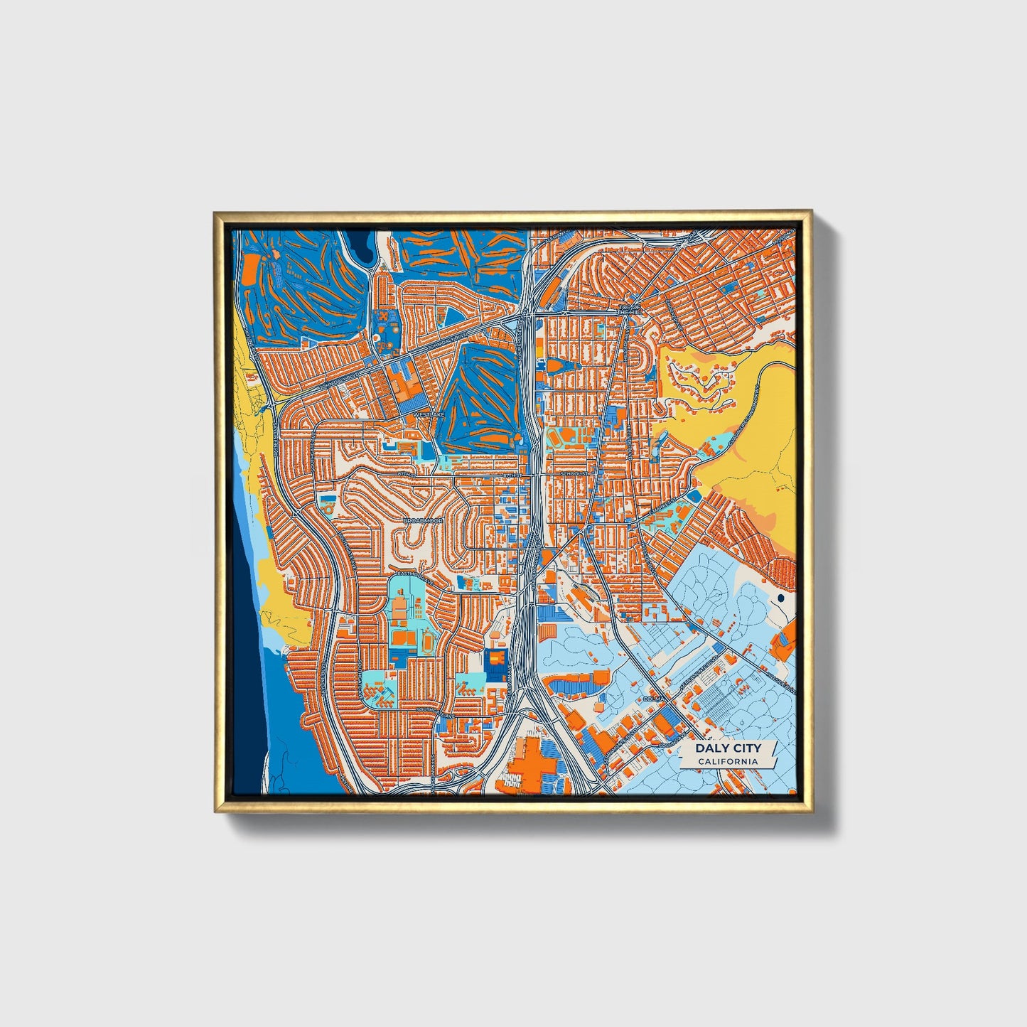 Daly City California Colorful City Map Canvas Print • Gold Framed