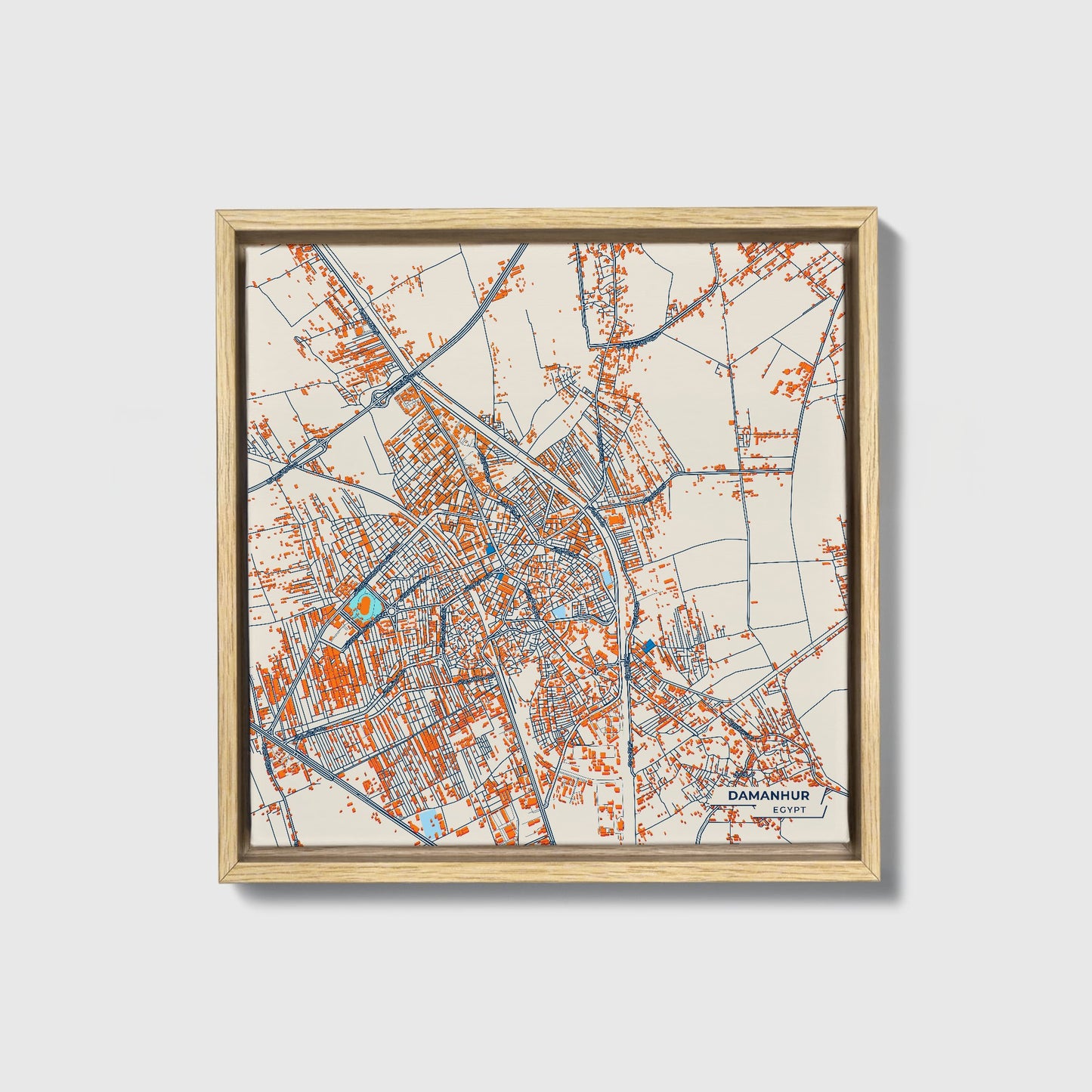 Damanhur Egypt Colorful City Map Canvas Print • Natural Wooden Framed