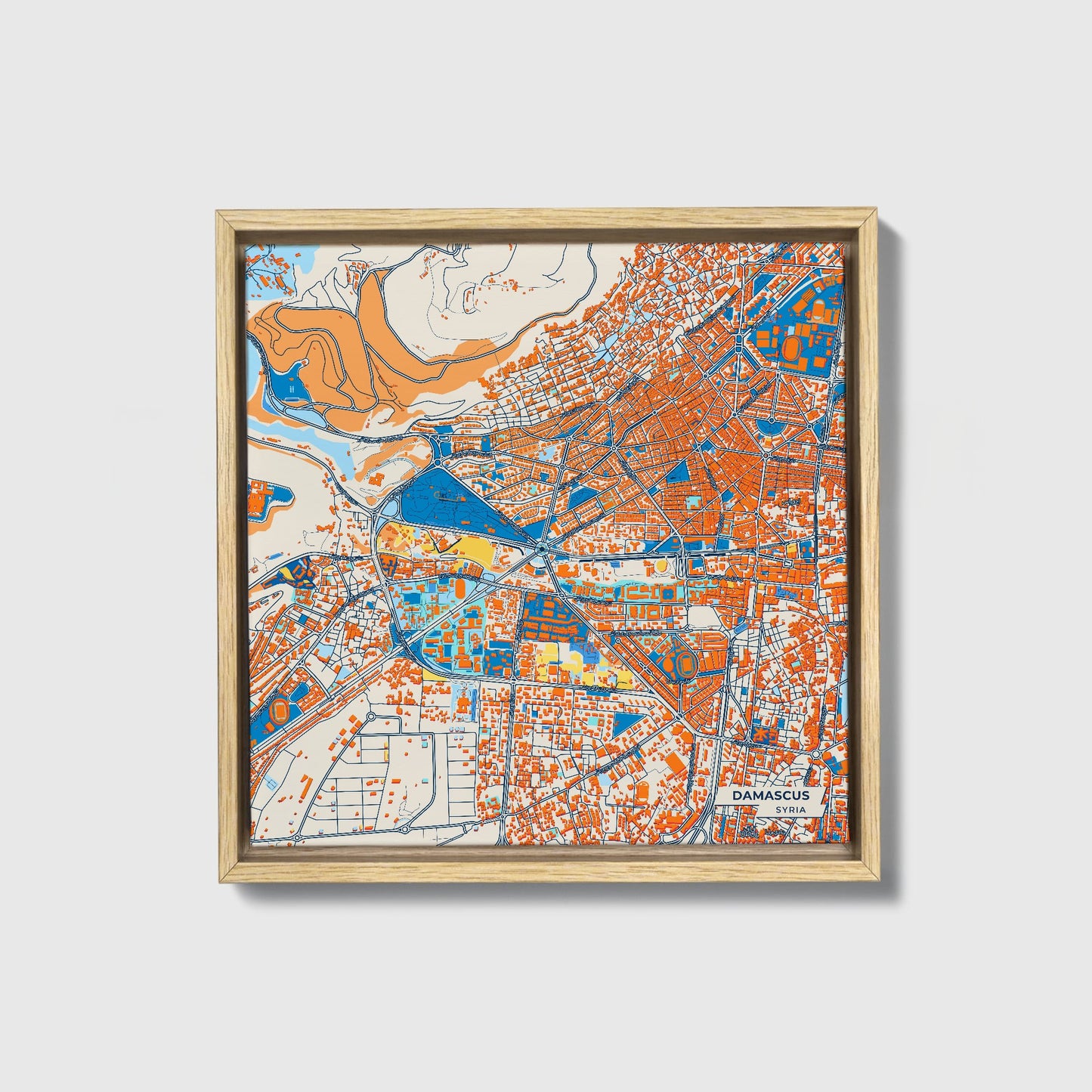 Damascus Syria Colorful City Map Canvas Print • Natural Wooden Framed