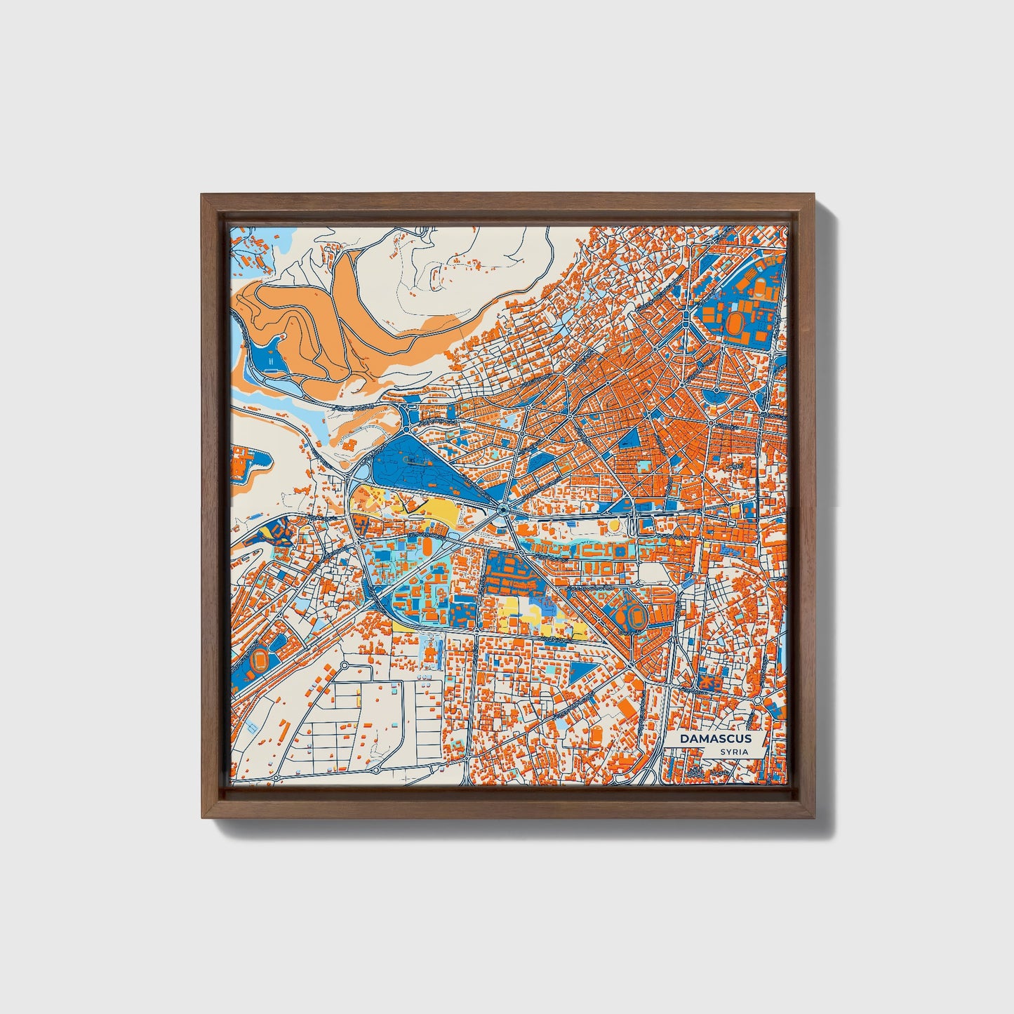 Damascus Syria Colorful City Map Canvas Print • Dark Wooden Framed