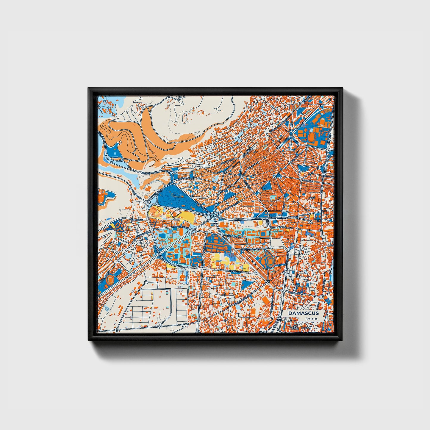 Damascus Syria Colorful City Map Canvas Print • Black Framed