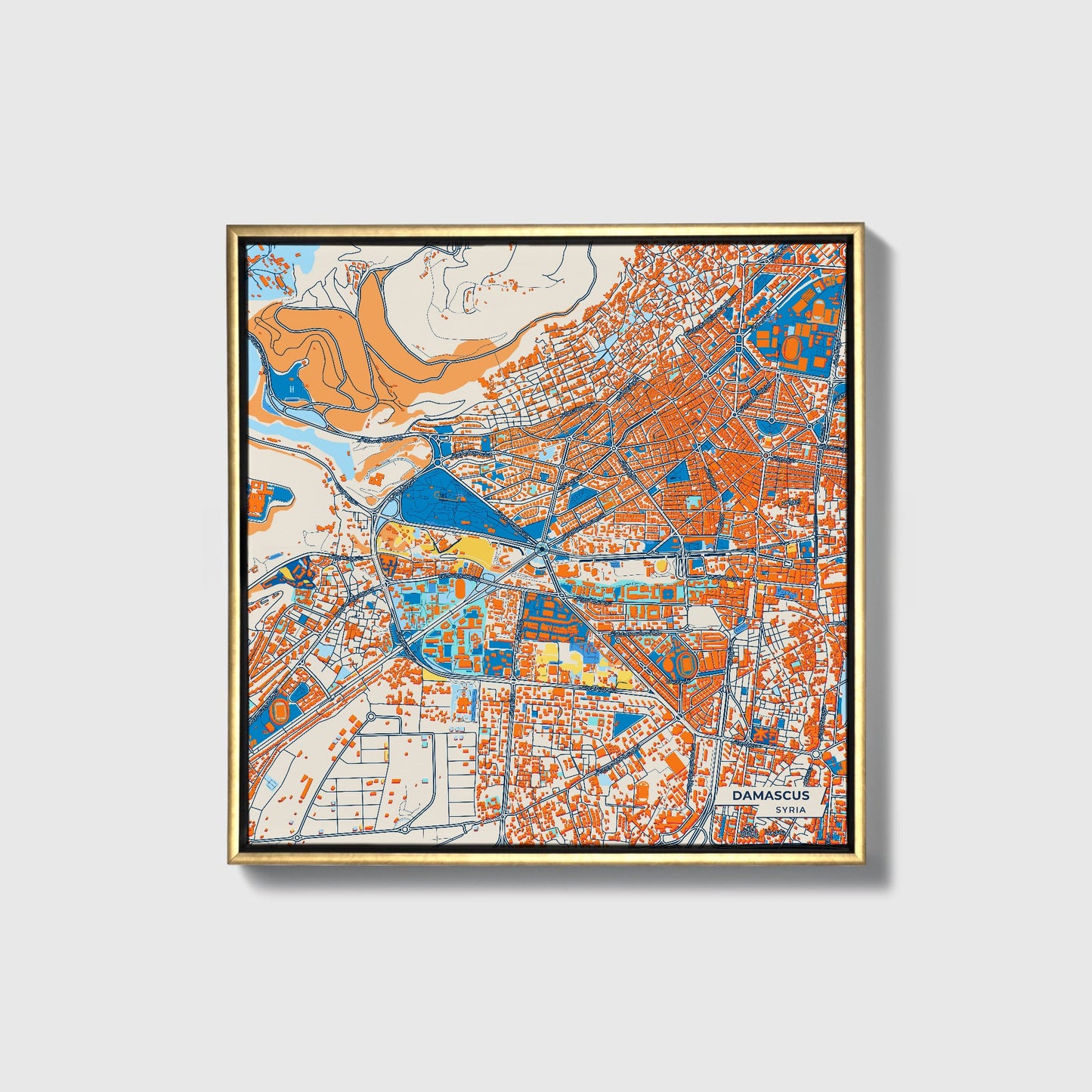 Damascus Syria Colorful City Map Canvas Print • Gold Framed