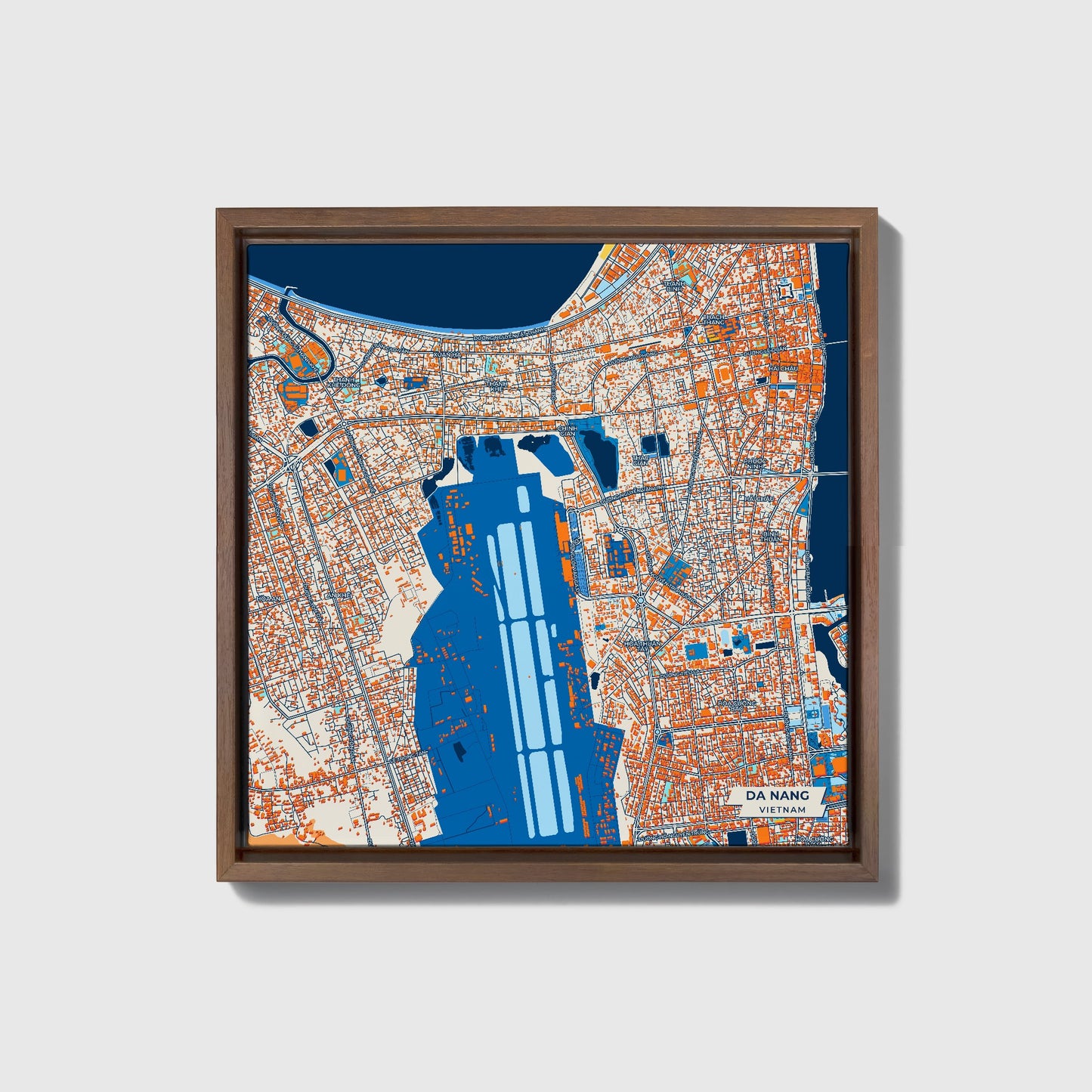 Da Nang Vietnam Colorful City Map Canvas Print • Dark Wooden Framed