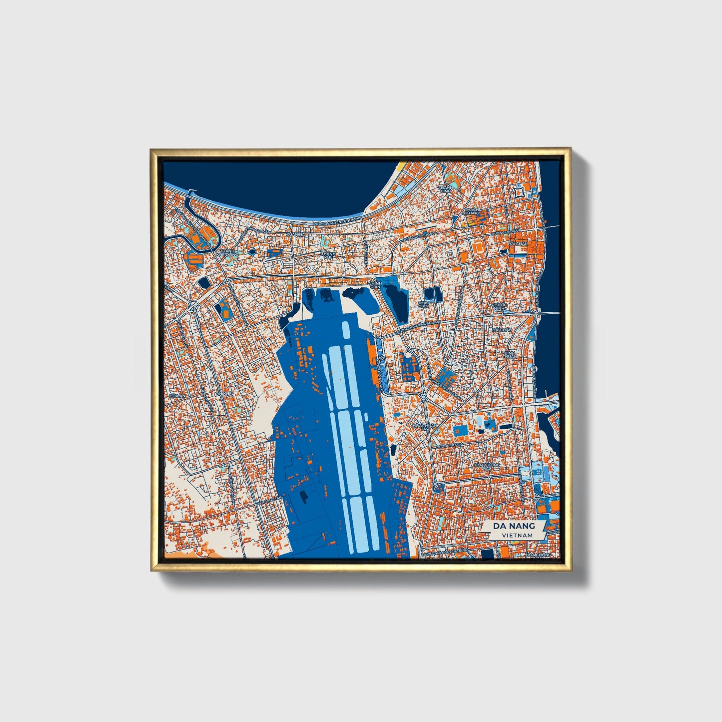 Da Nang Vietnam Colorful City Map Canvas Print • Gold Framed