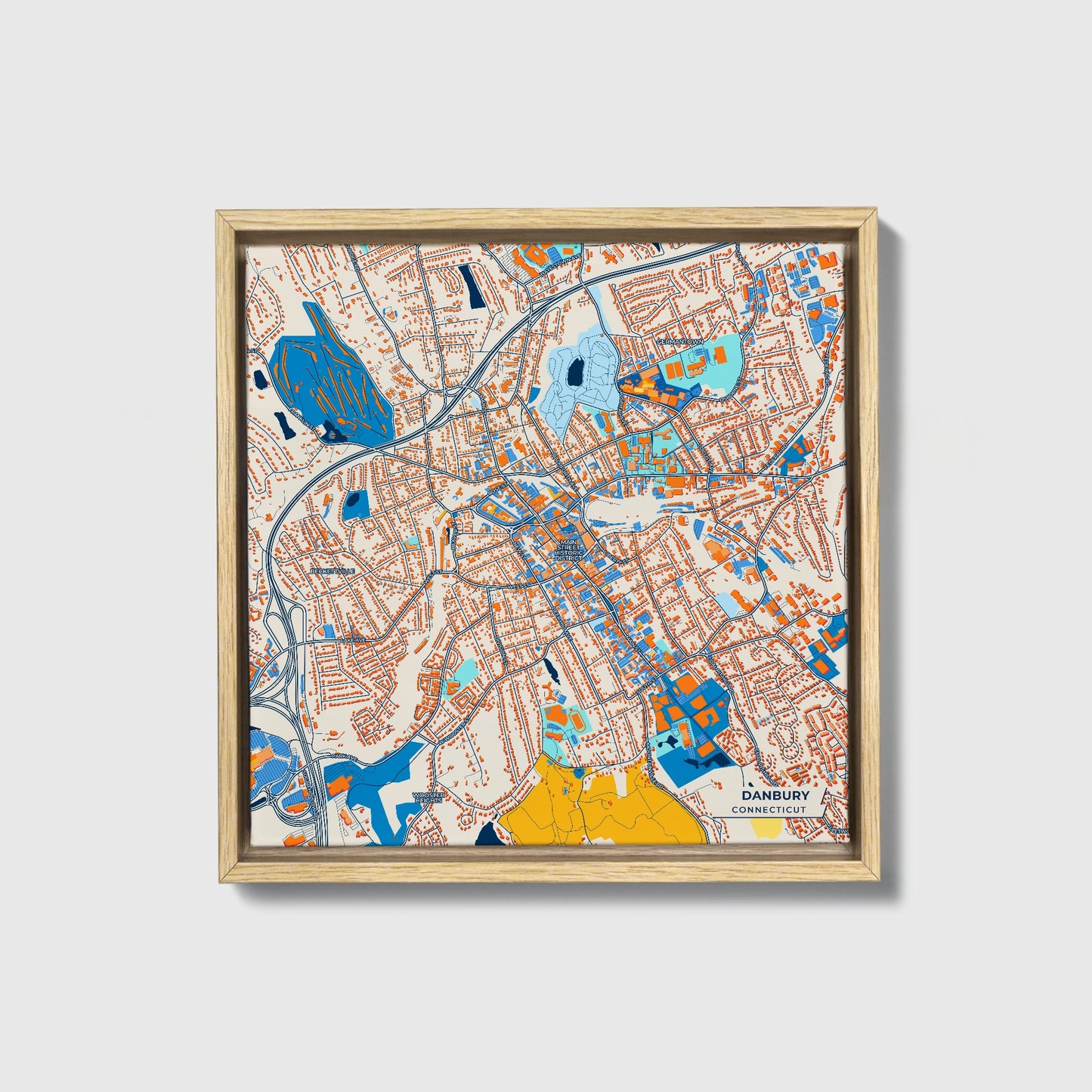 Danbury Connecticut Colorful City Map Canvas Print • Natural Wooden Framed