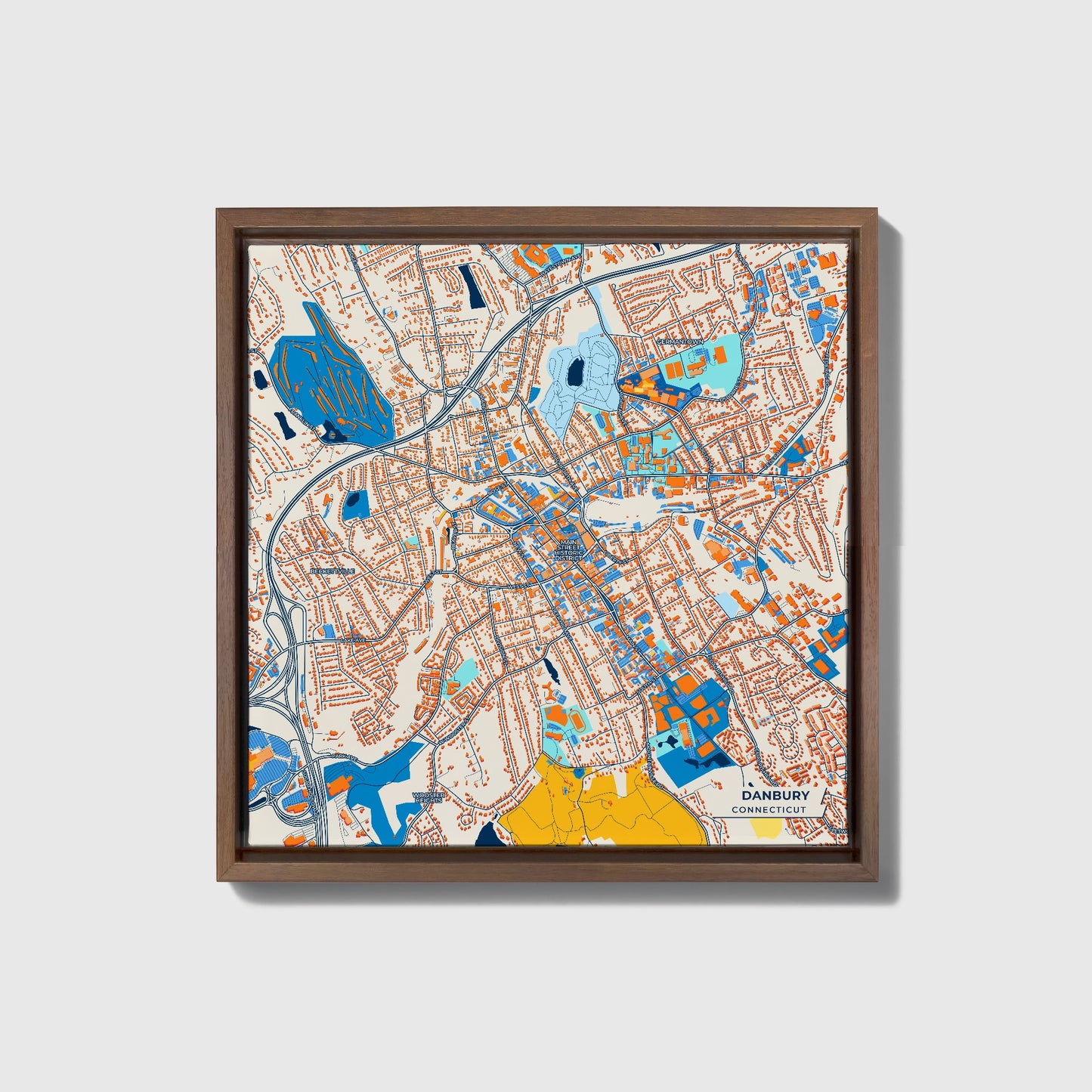 Danbury Connecticut Colorful City Map Canvas Print • Dark Wooden Framed