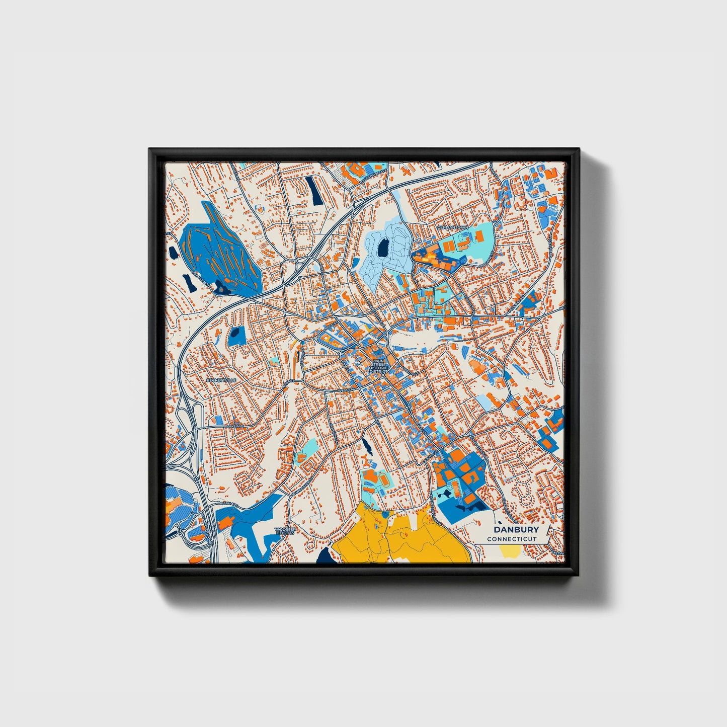 Danbury Connecticut Colorful City Map Canvas Print • Black Framed
