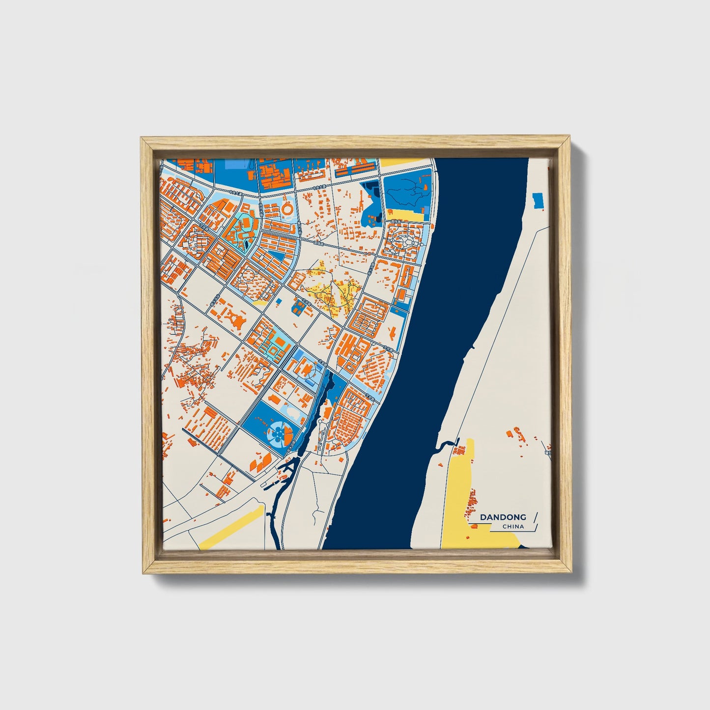 Dandong China Colorful City Map Canvas Print • Natural Wooden Framed