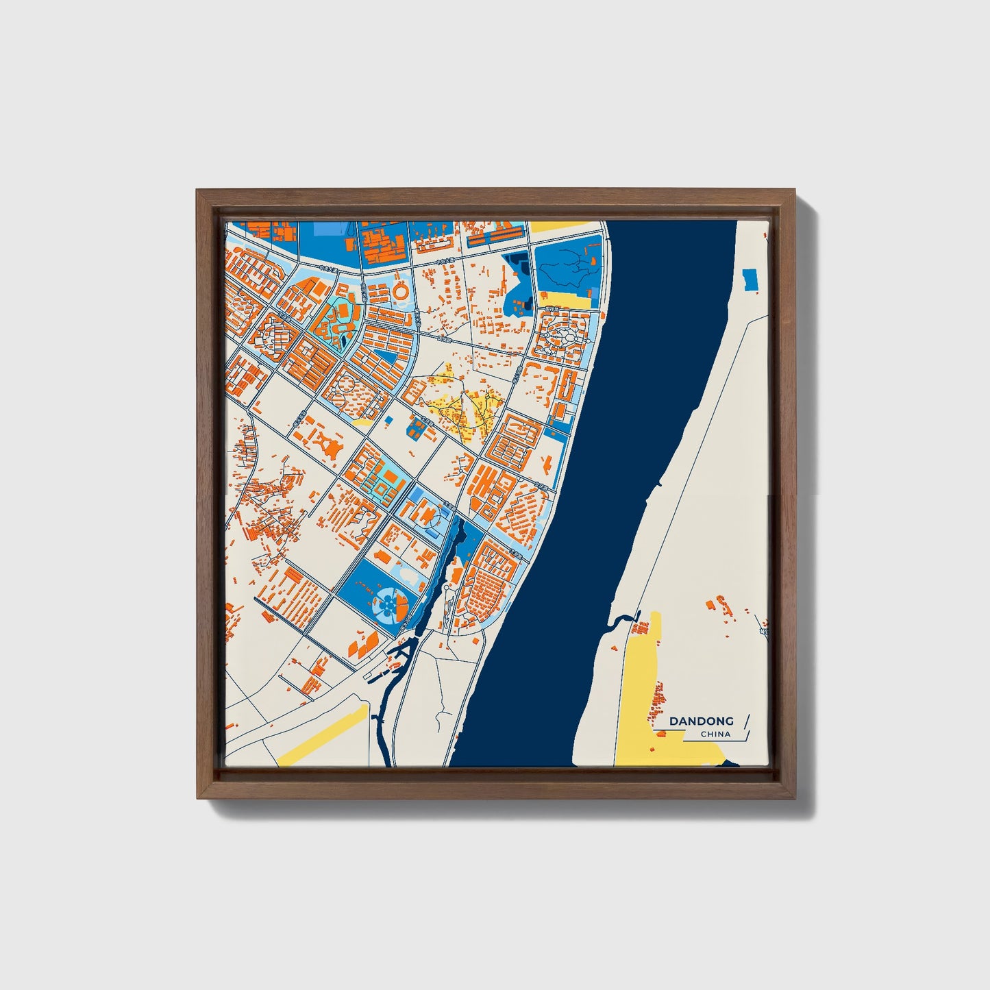 Dandong China Colorful City Map Canvas Print • Dark Wooden Framed