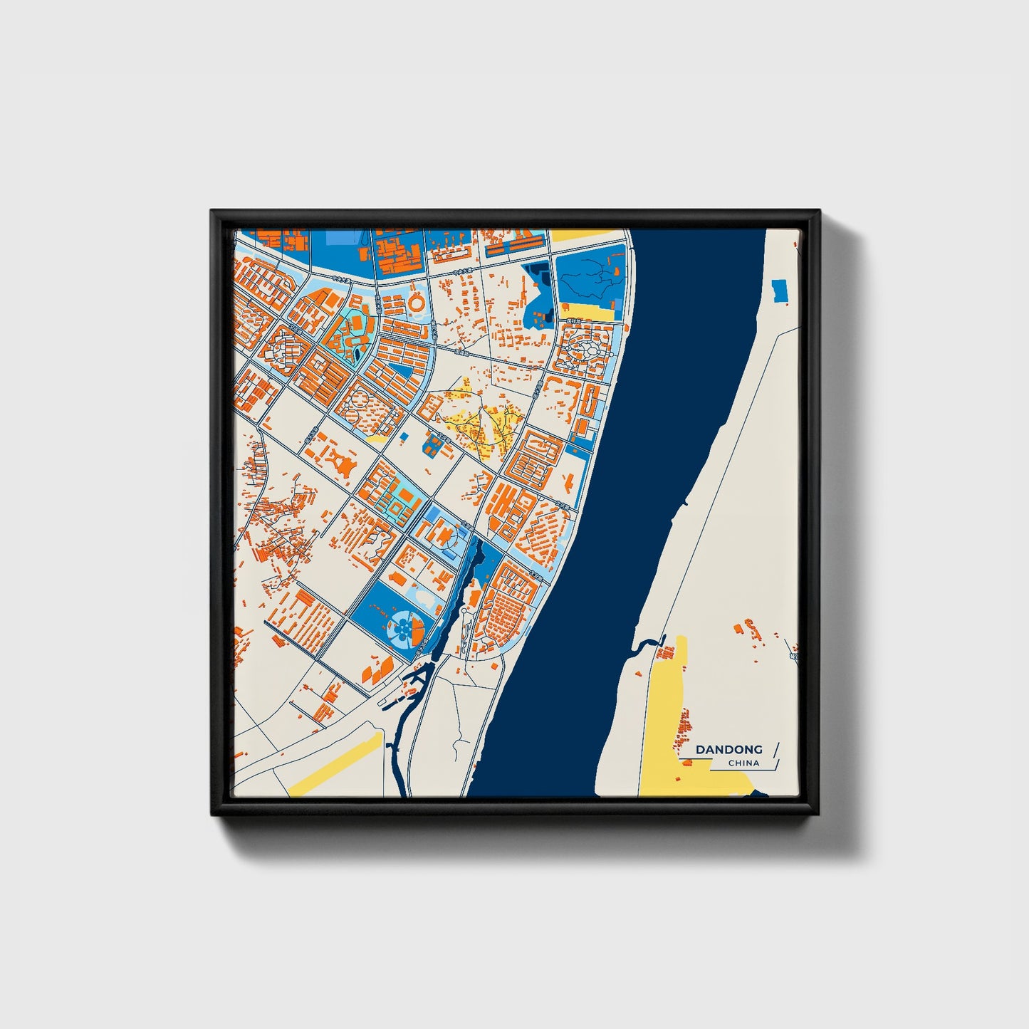Dandong China Colorful City Map Canvas Print • Black Framed