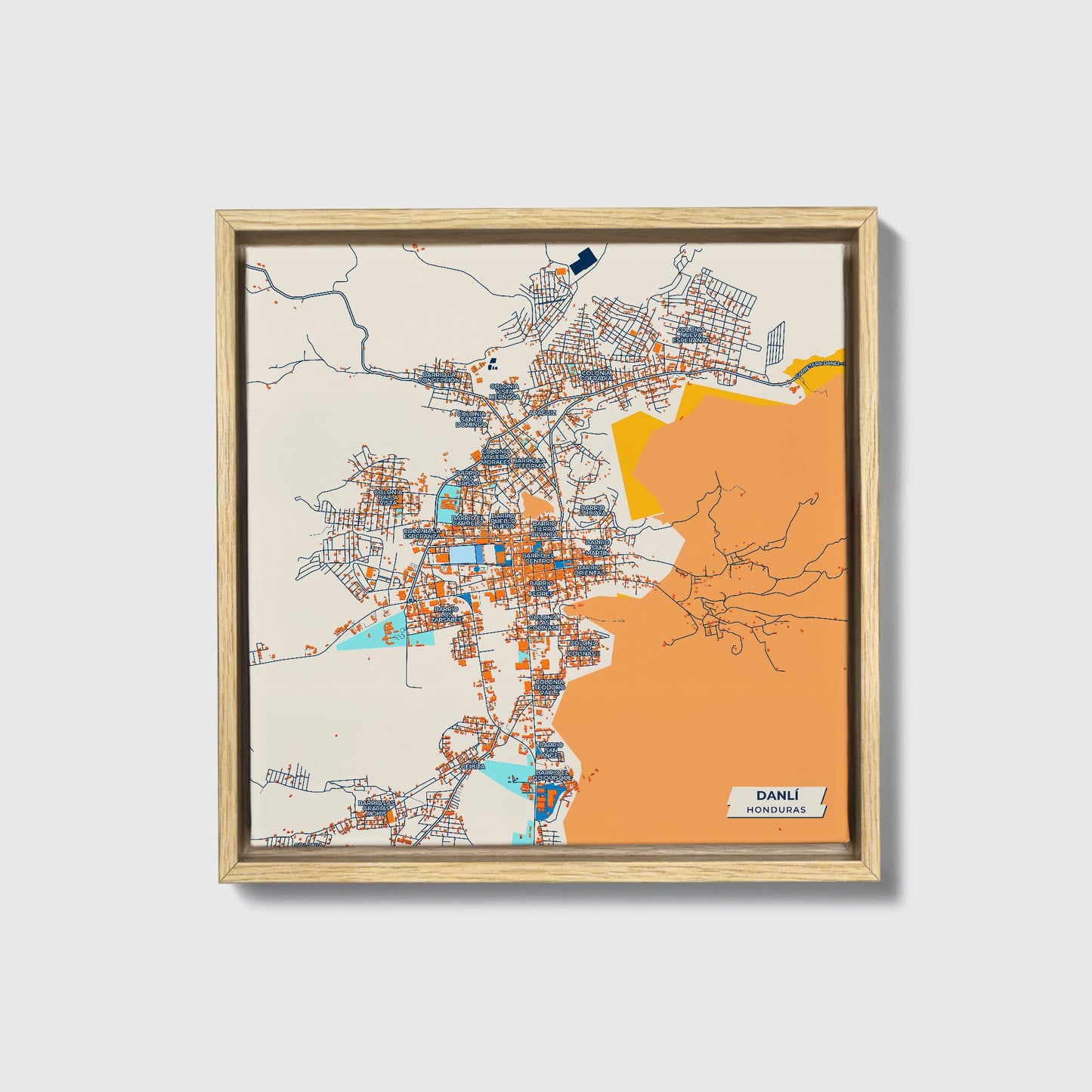 Danlí Honduras Colorful City Map Canvas Print • Natural Wooden Framed