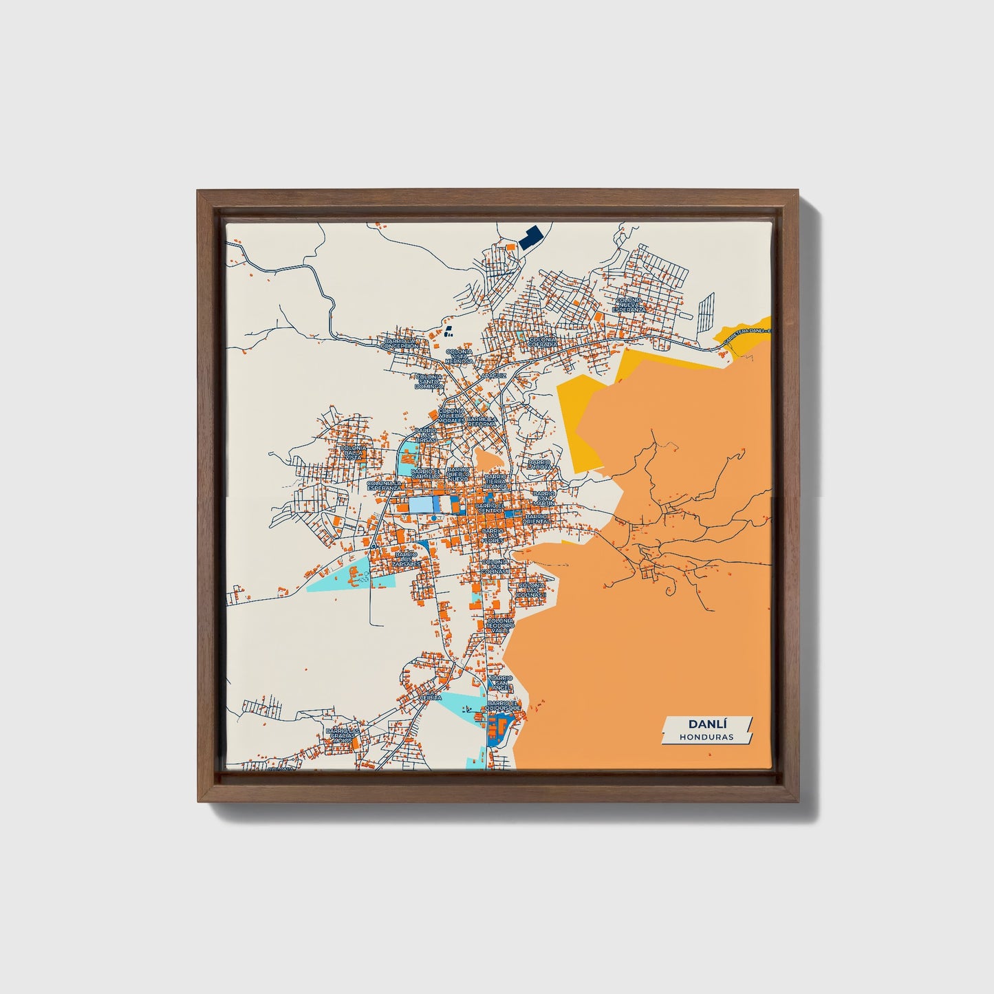 Danlí Honduras Colorful City Map Canvas Print • Dark Wooden Framed