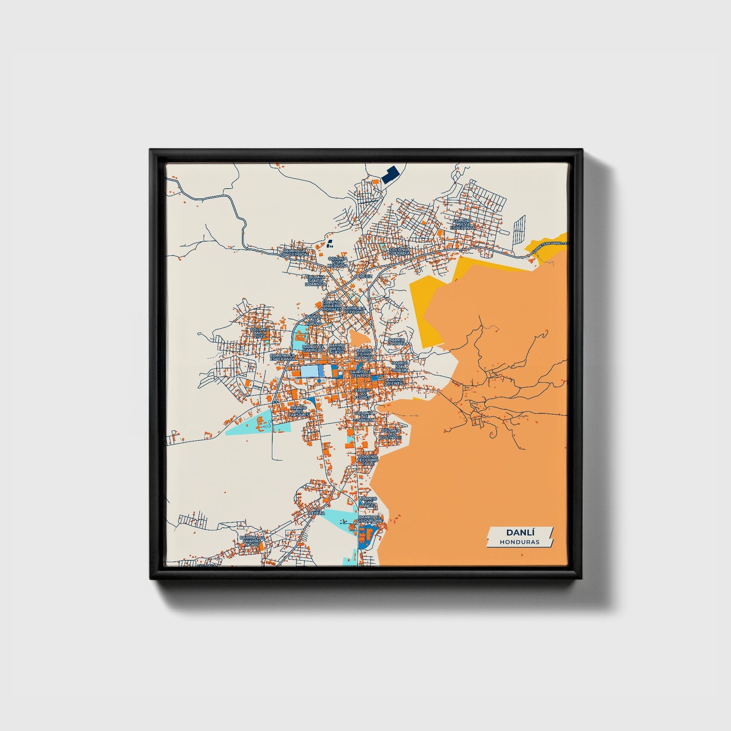 Danlí Honduras Colorful City Map Canvas Print • Black Framed
