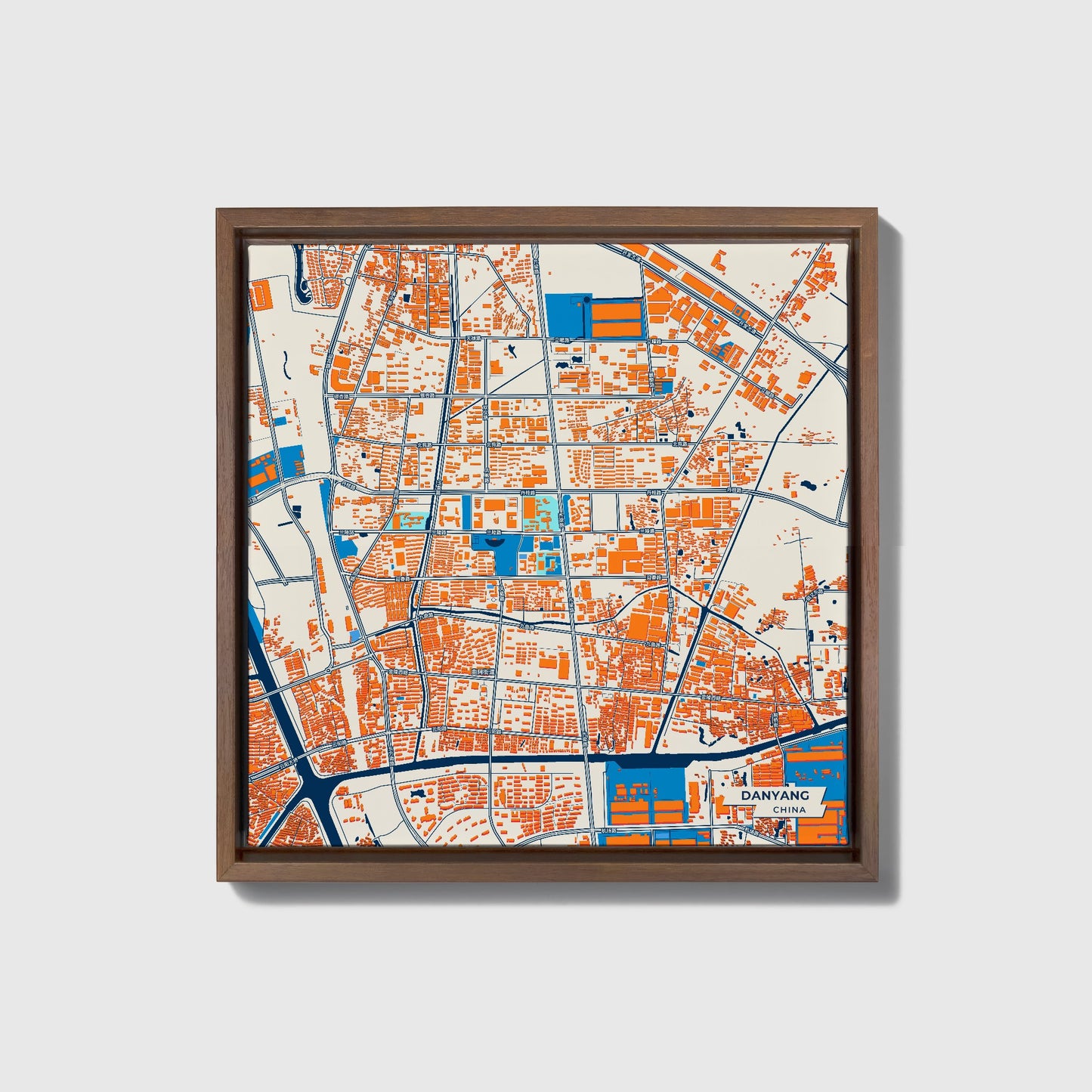 Danyang China Colorful City Map Canvas Print • Dark Wooden Framed