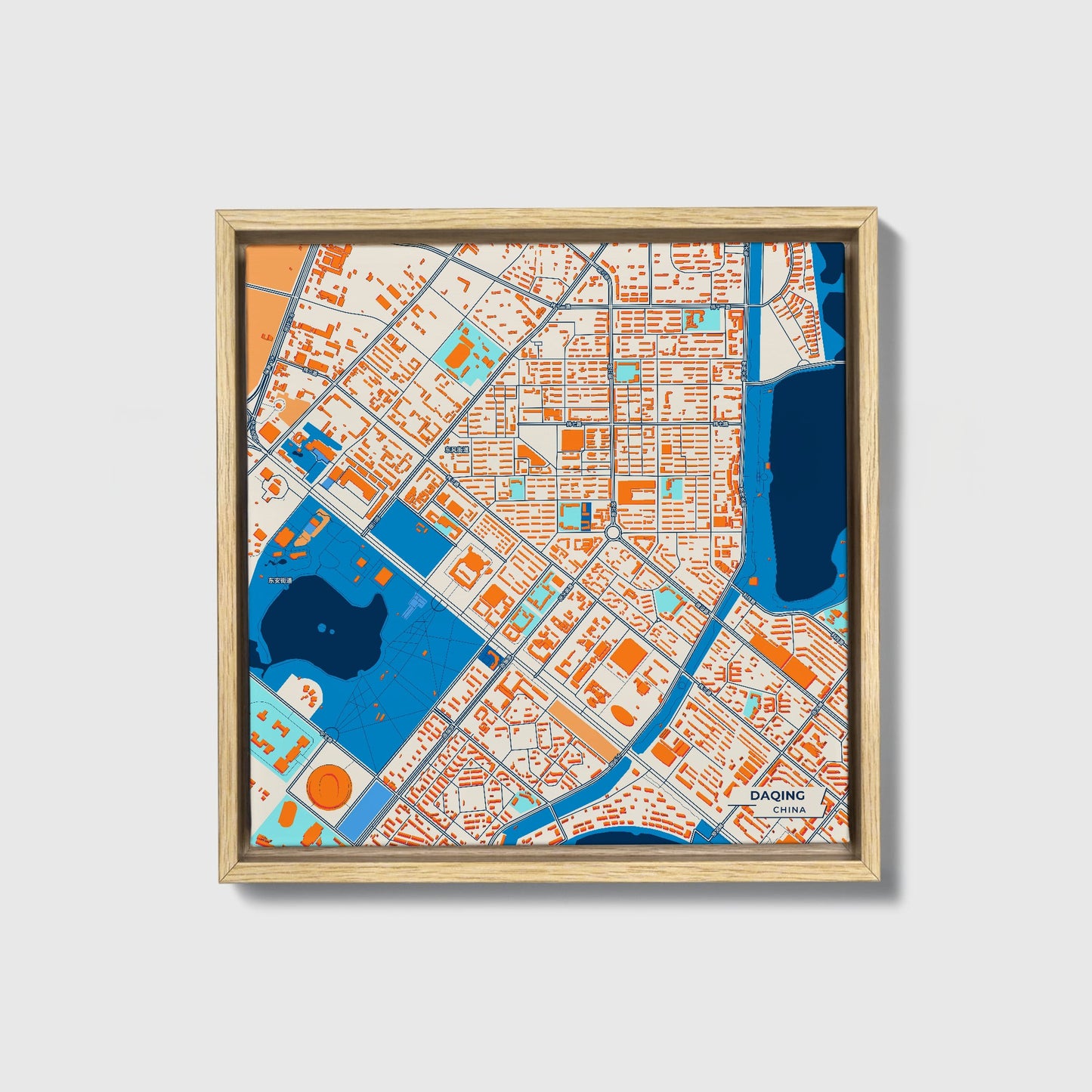 Daqing China Colorful City Map Canvas Print • Natural Wooden Framed