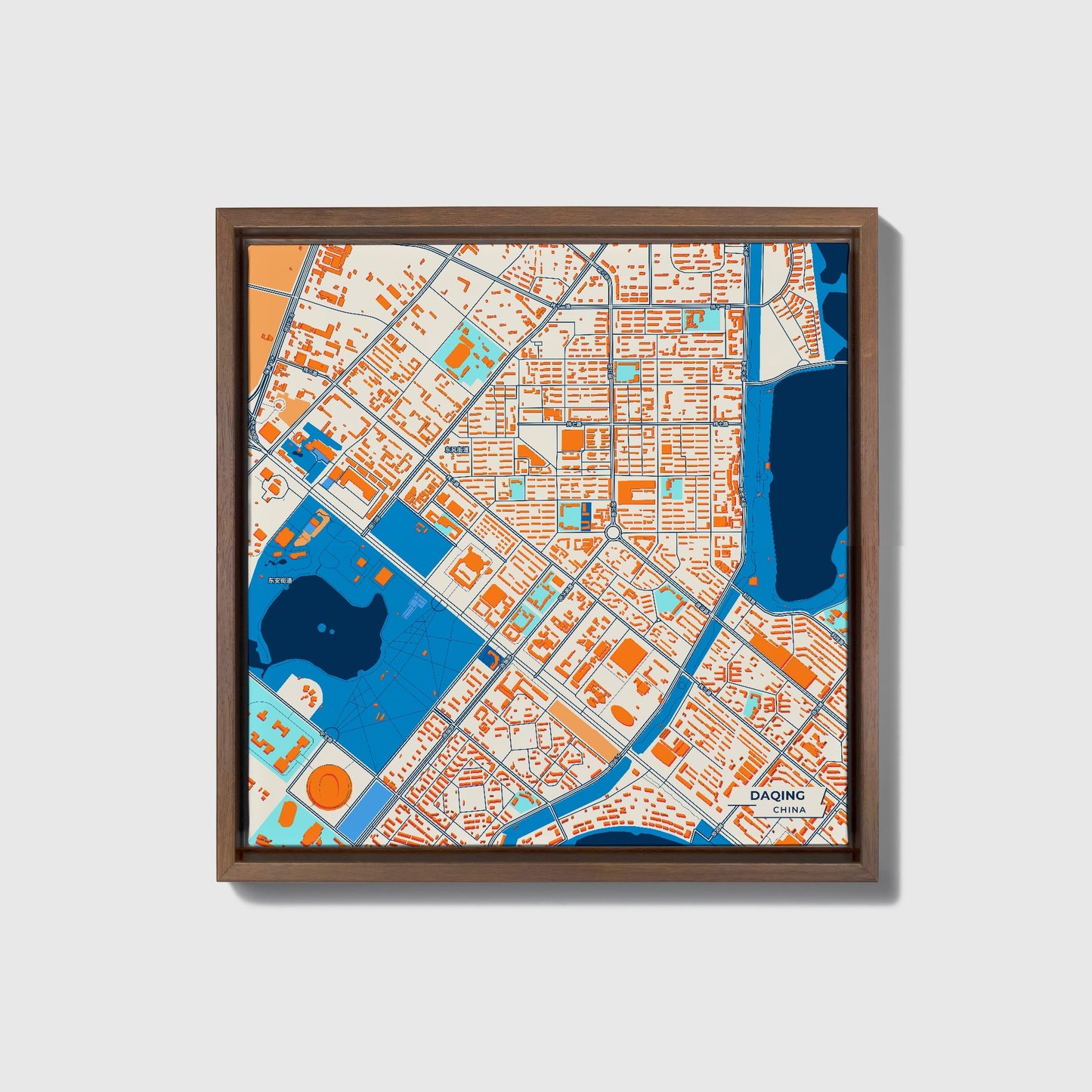 Daqing China Colorful City Map Canvas Print • Dark Wooden Framed
