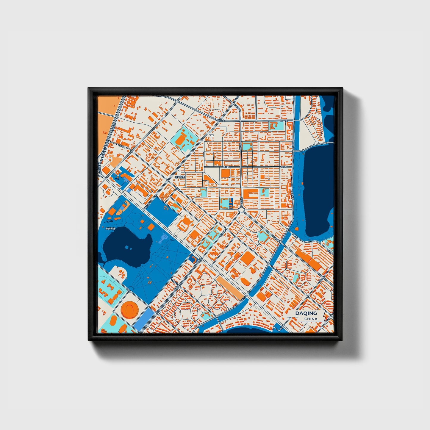 Daqing China Colorful City Map Canvas Print • Black Framed