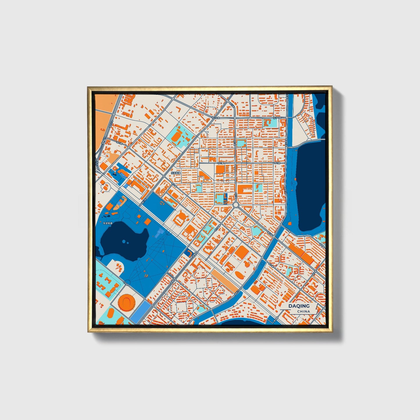 Daqing China Colorful City Map Canvas Print • Gold Framed