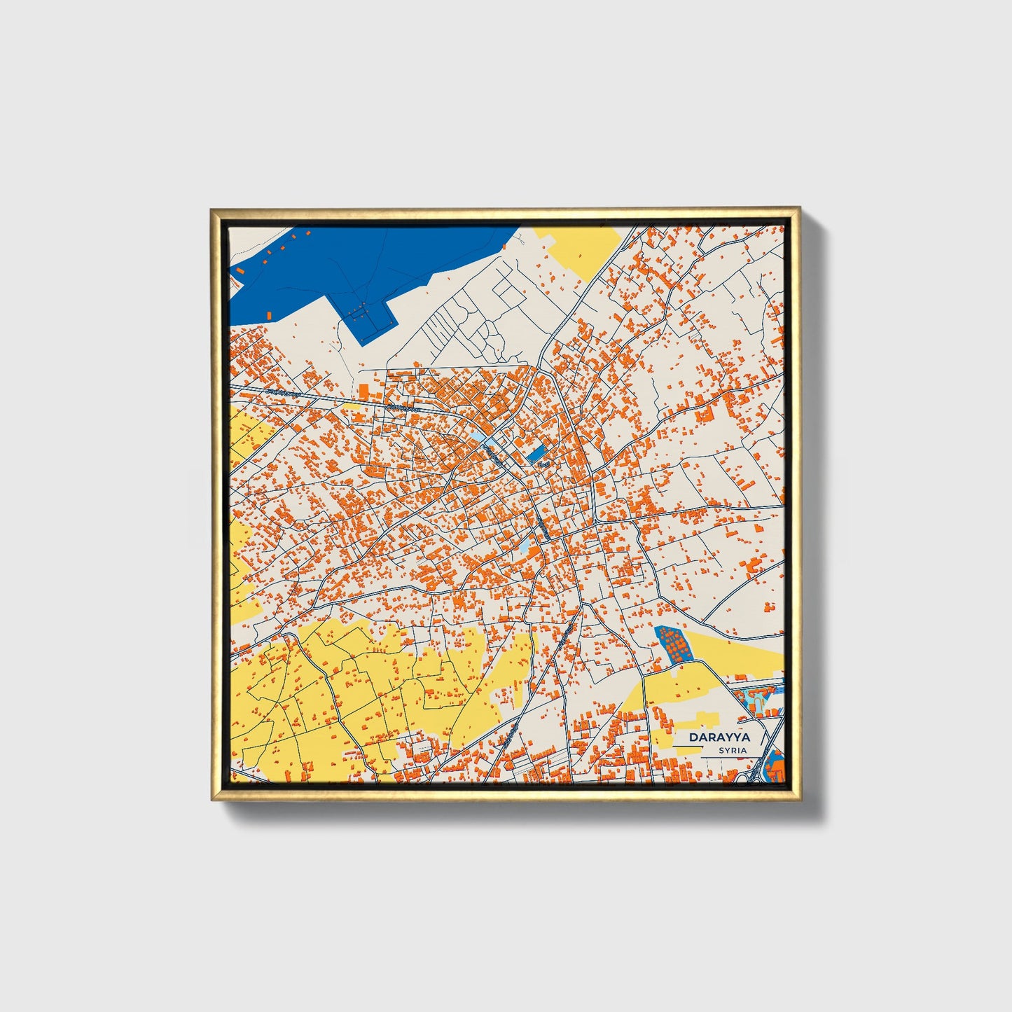 Darayya Syria Colorful City Map Canvas Print • Gold Framed