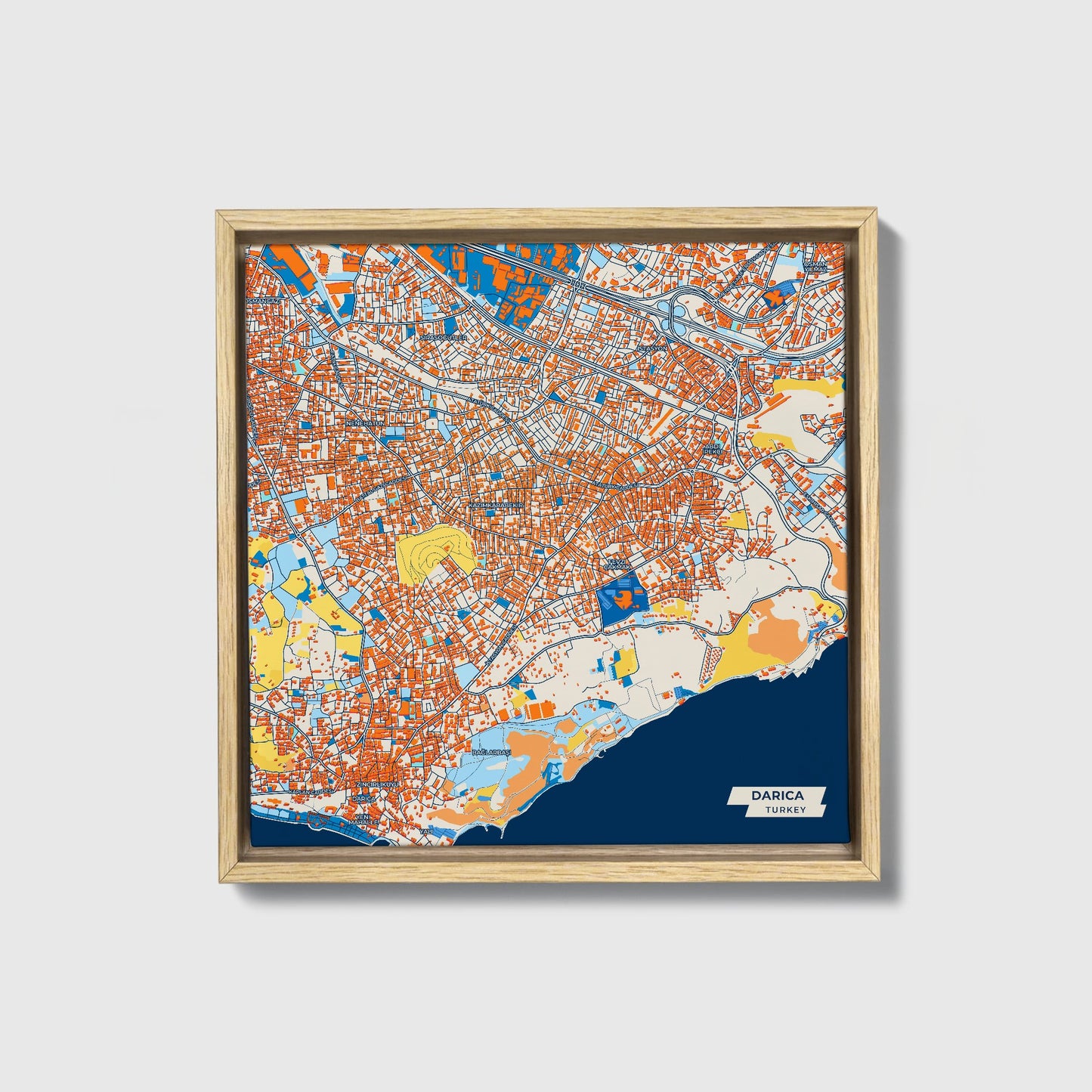 Darica Turkey Colorful City Map Canvas Print • Natural Wooden Framed