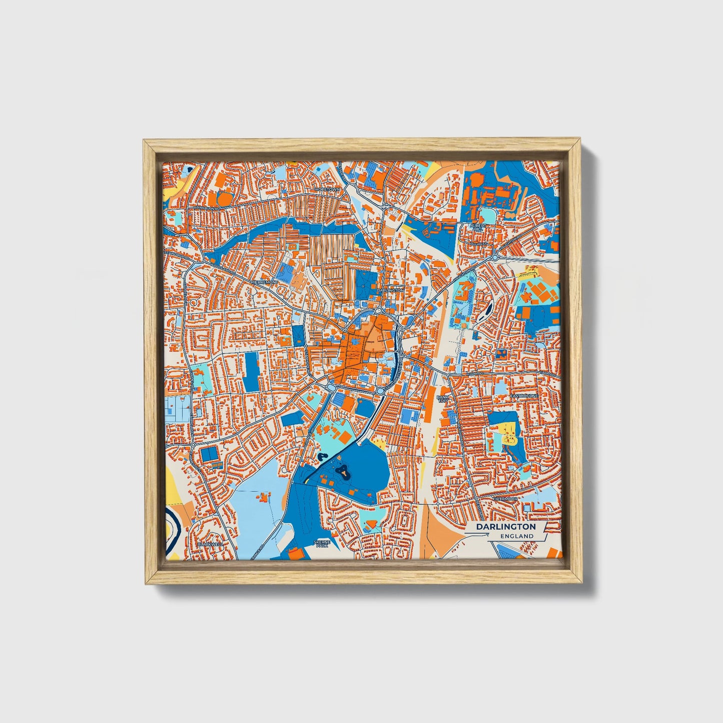 Darlington England Colorful City Map Canvas Print • Natural Wooden Framed
