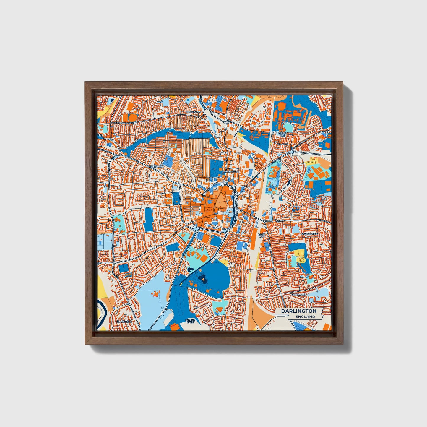 Darlington England Colorful City Map Canvas Print • Dark Wooden Framed