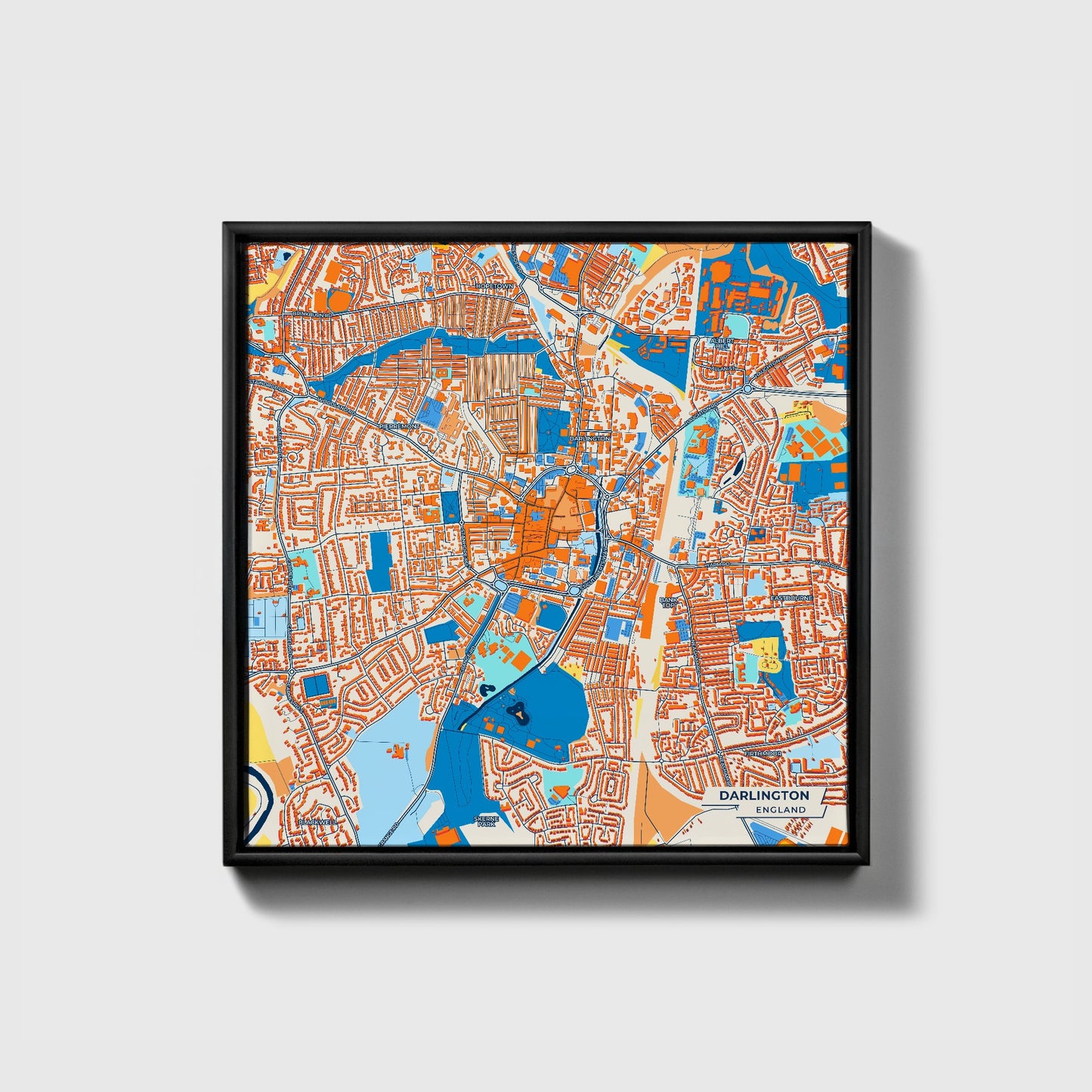 Darlington England Colorful City Map Canvas Print • Black Framed
