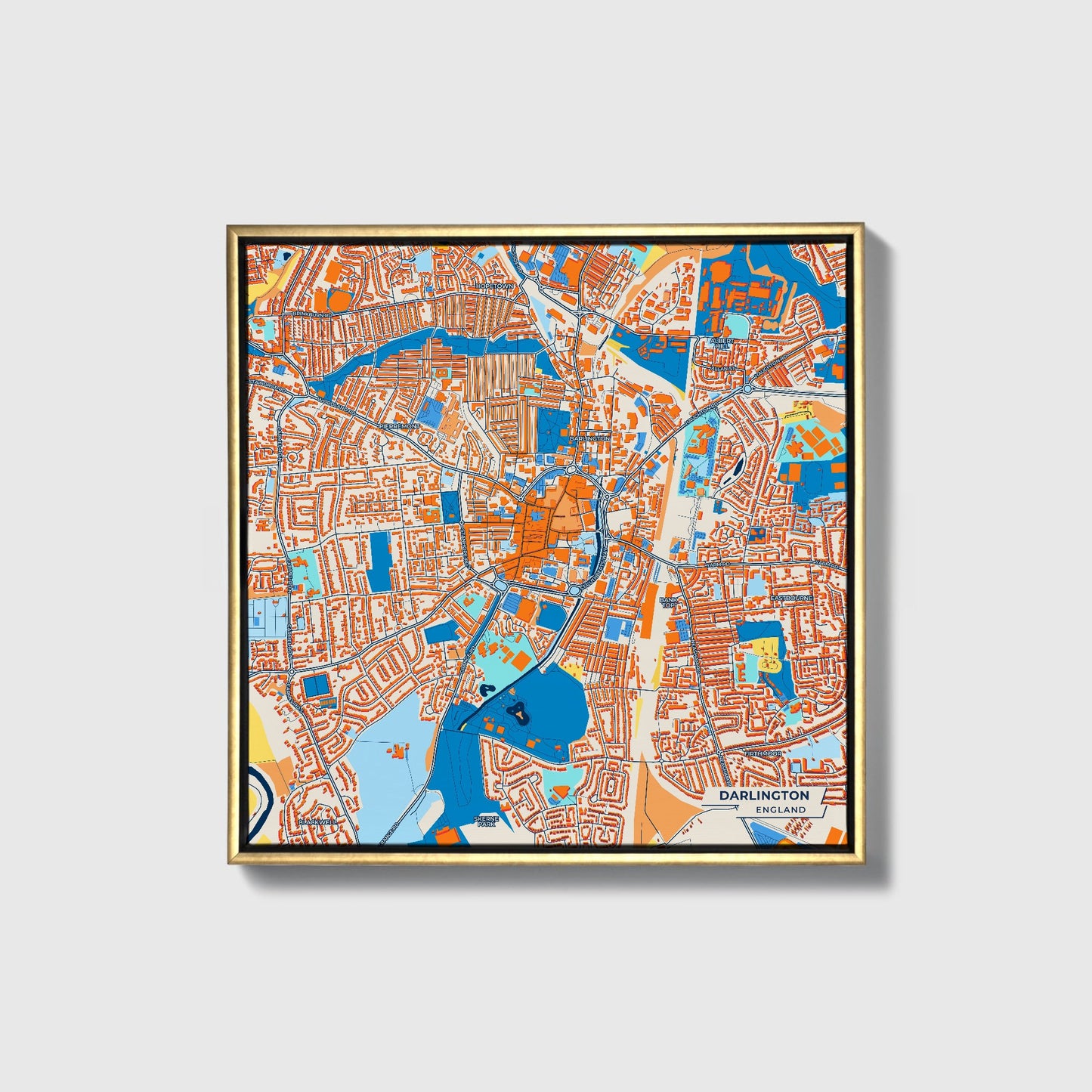 Darlington England Colorful City Map Canvas Print • Gold Framed