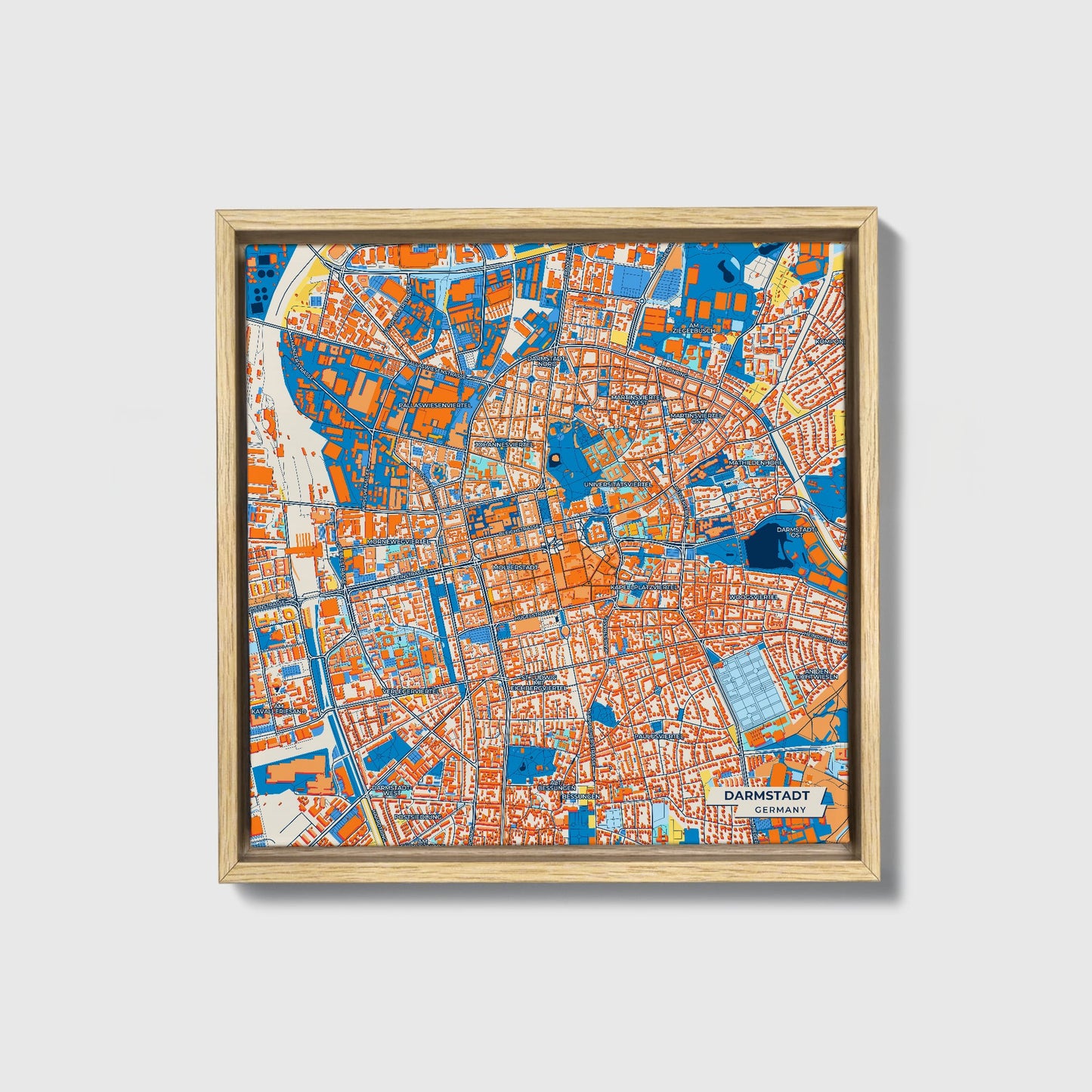 Darmstadt Germany Colorful City Map Canvas Print • Natural Wooden Framed