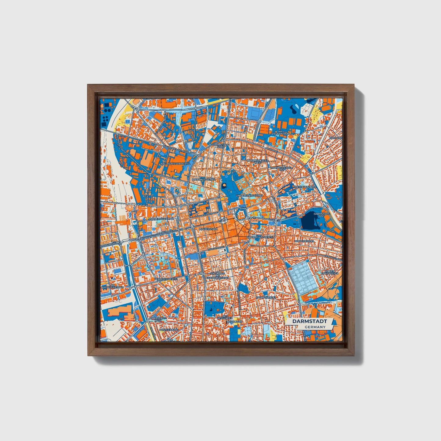 Darmstadt Germany Colorful City Map Canvas Print • Dark Wooden Framed