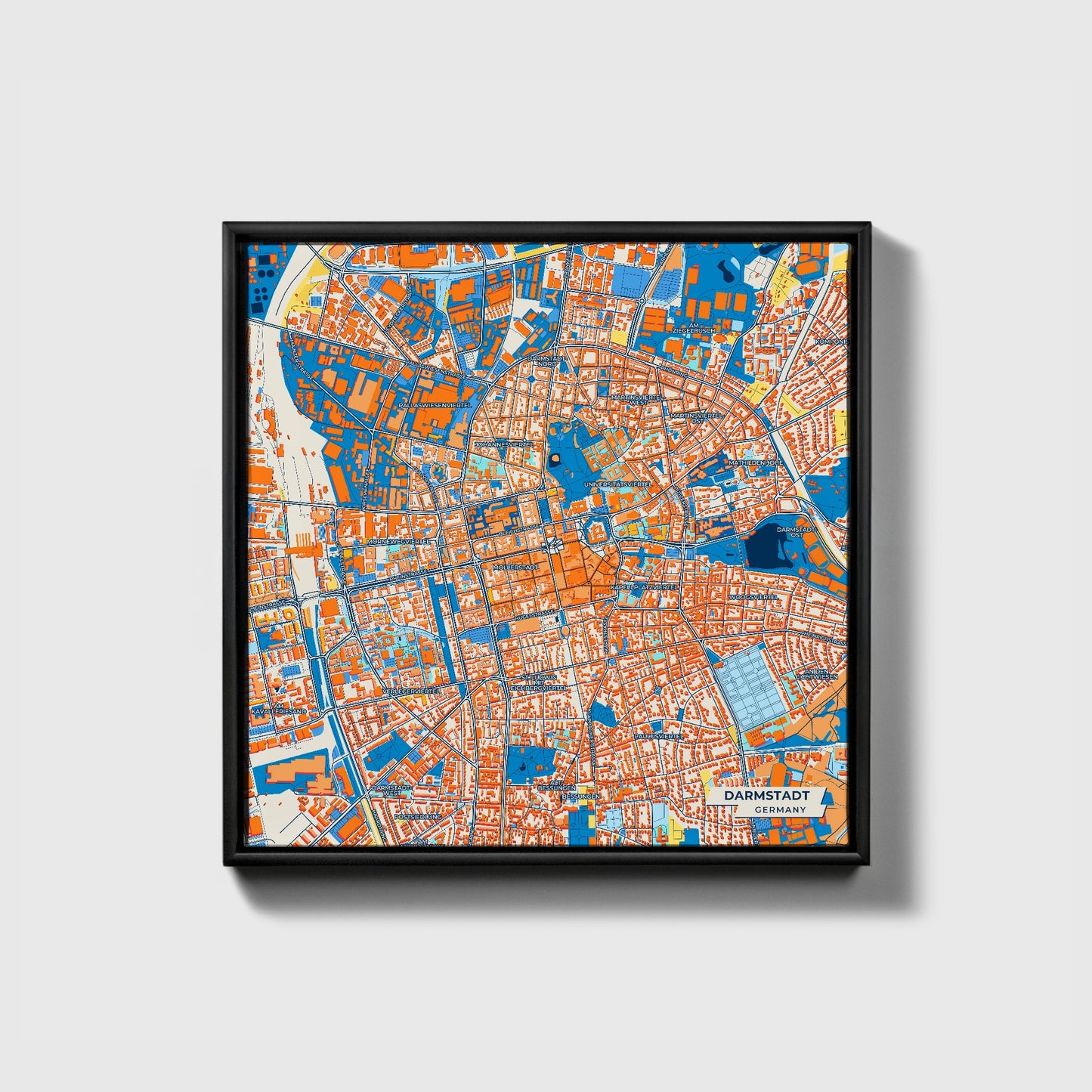 Darmstadt Germany Colorful City Map Canvas Print • Black Framed