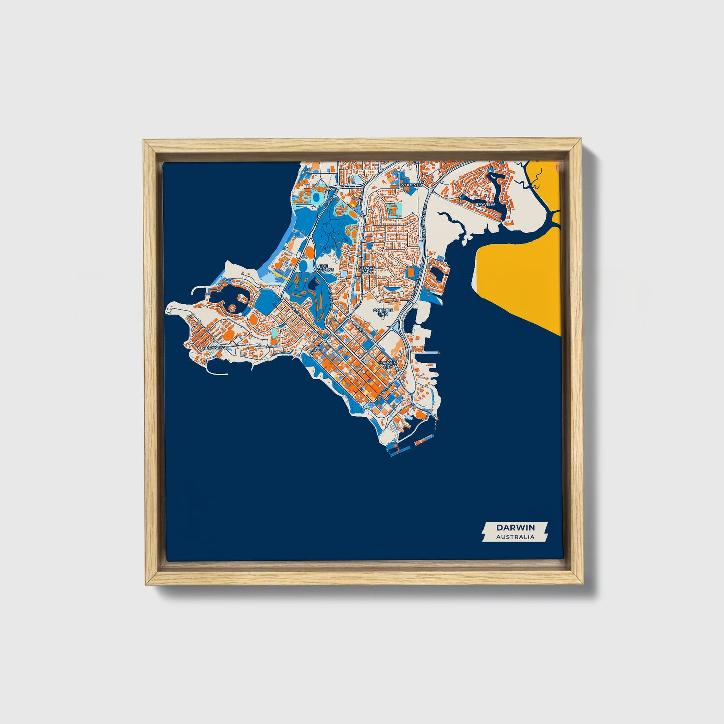 Darwin Australia Colorful City Map Canvas Print • Natural Wooden Framed