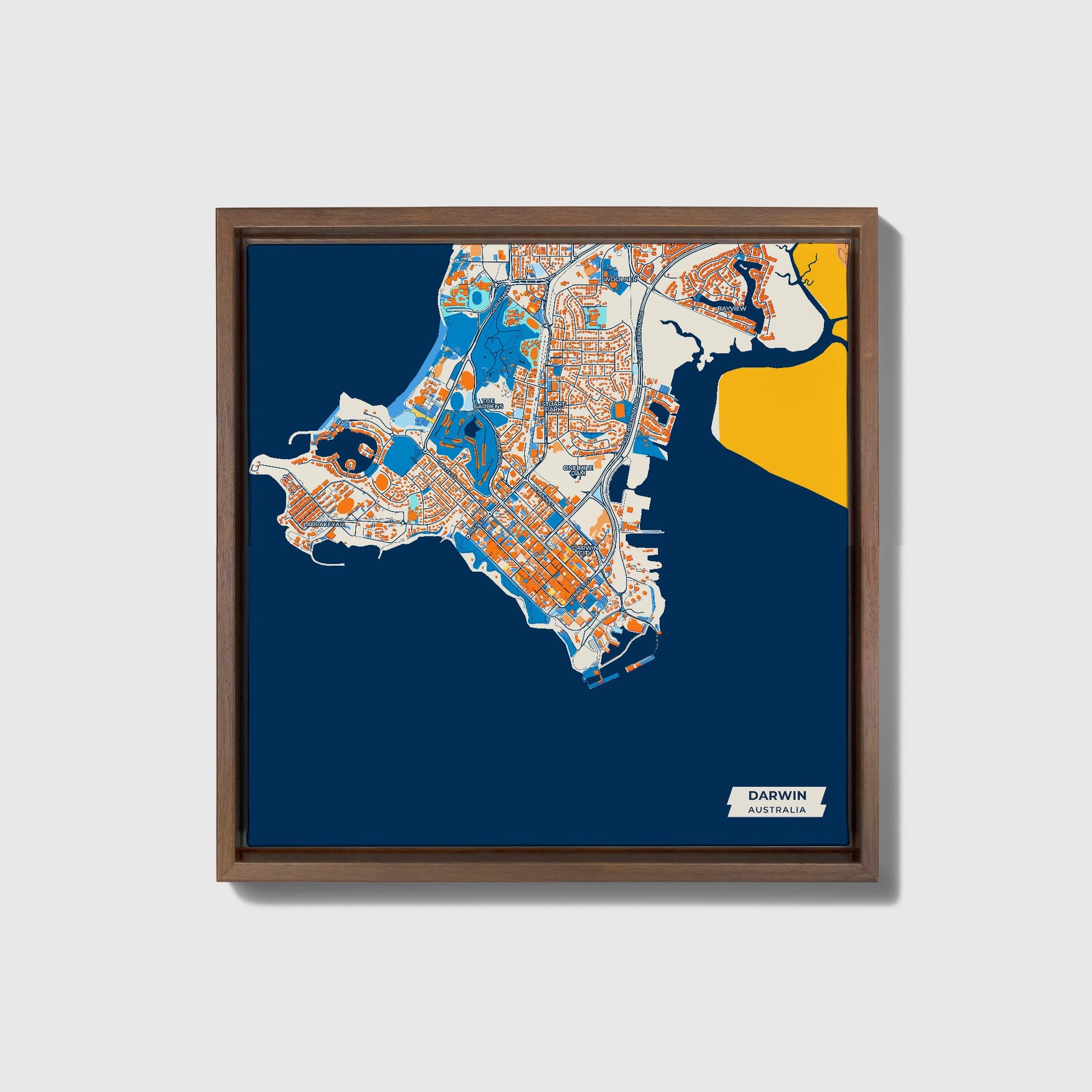 Darwin Australia Colorful City Map Canvas Print • Dark Wooden Framed