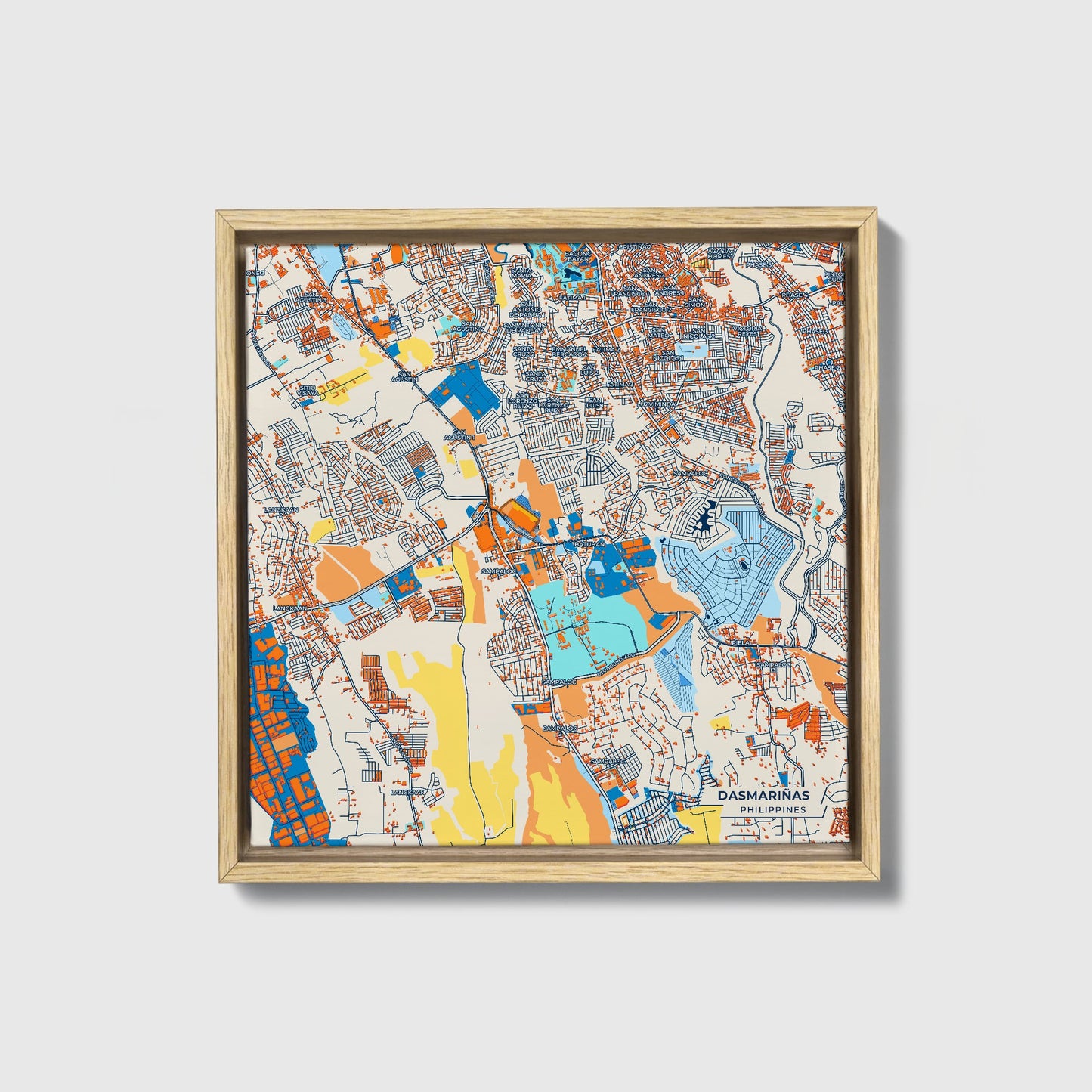 Dasmariñas Philippines Colorful City Map Canvas Print • Natural Wooden Framed