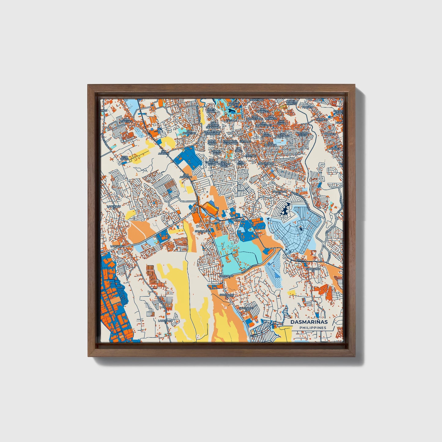 Dasmariñas Philippines Colorful City Map Canvas Print • Dark Wooden Framed